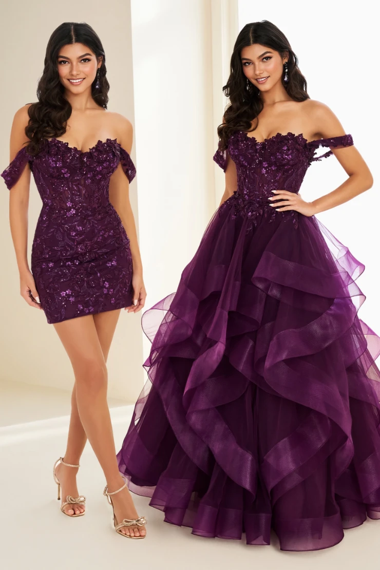 EW37201 Two-in-One Mini Dress & Ball Gown w/ Detachable Overskirt #0 default Dark Plum picture