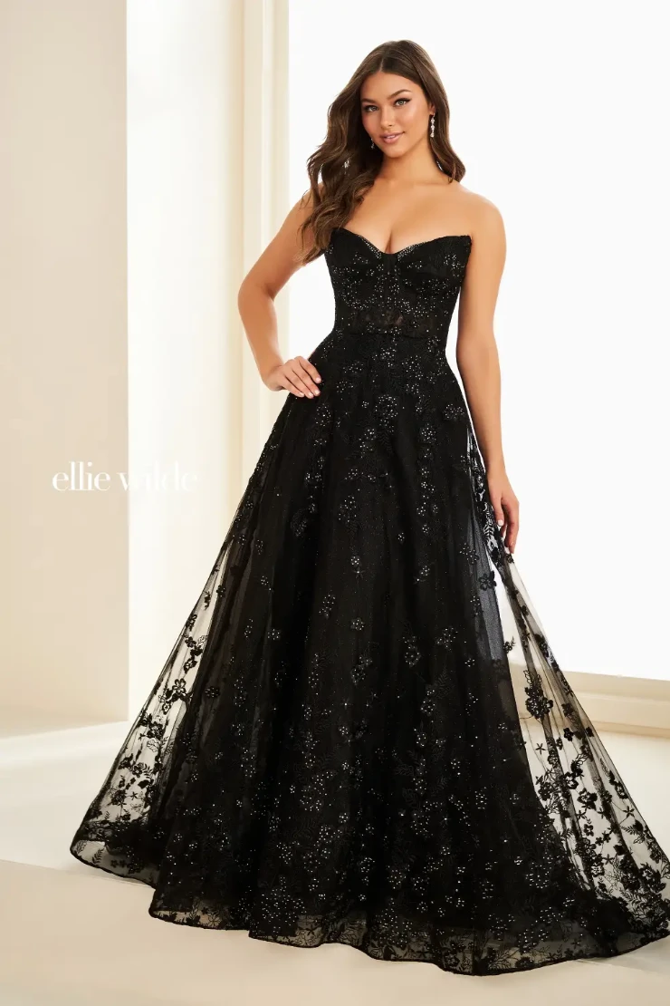 EW37225 A-Line Prom Dress w/ Pointed Sweetheart Neckline #5 Black picture