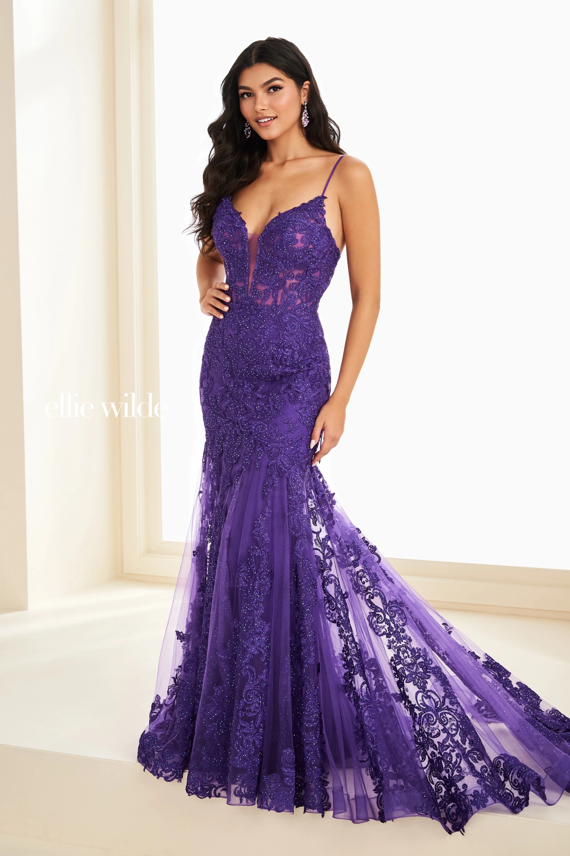 Full size EW37209 Lace Applique & Glitter Tulle Mermaid Prom Gown #5 Purple picture