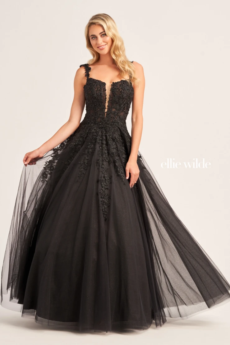 EW120014 Romantic A-line gown with plunging V-neckline and sheer lace bodice #12 Black picture