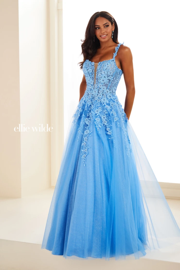 EW120014 Romantic A-line gown with plunging V-neckline and sheer lace bodice #3 Bluebell picture