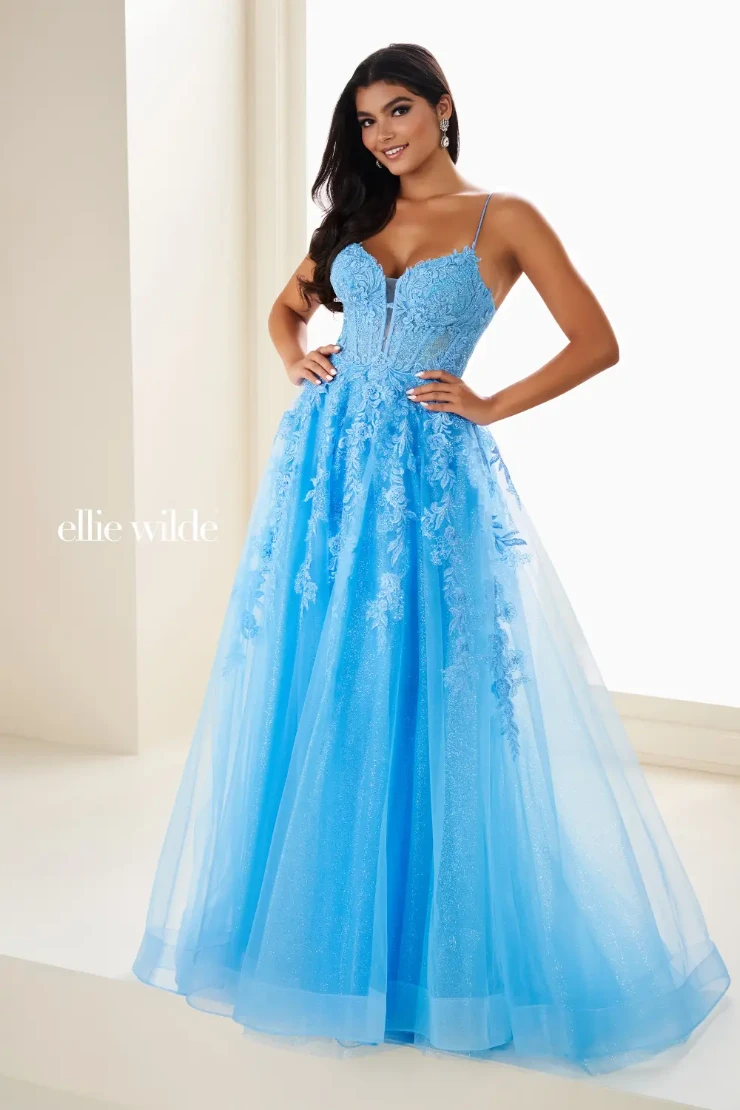 EW34036 Sleeveless A-Line Dress with Embroidered Lace Appliques and Corset Back #4 Bluebell picture
