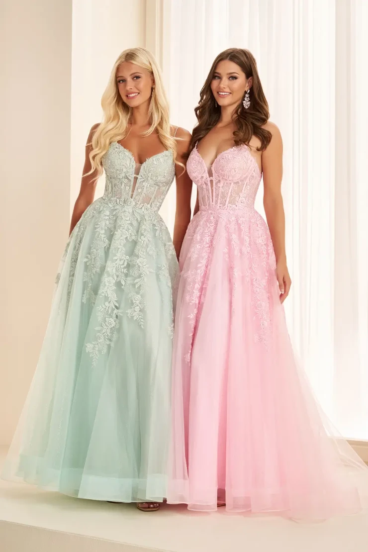 EW34036 Sleeveless A-Line Dress with Embroidered Lace Appliques and Corset Back #18 Light Pink Ice Mint picture