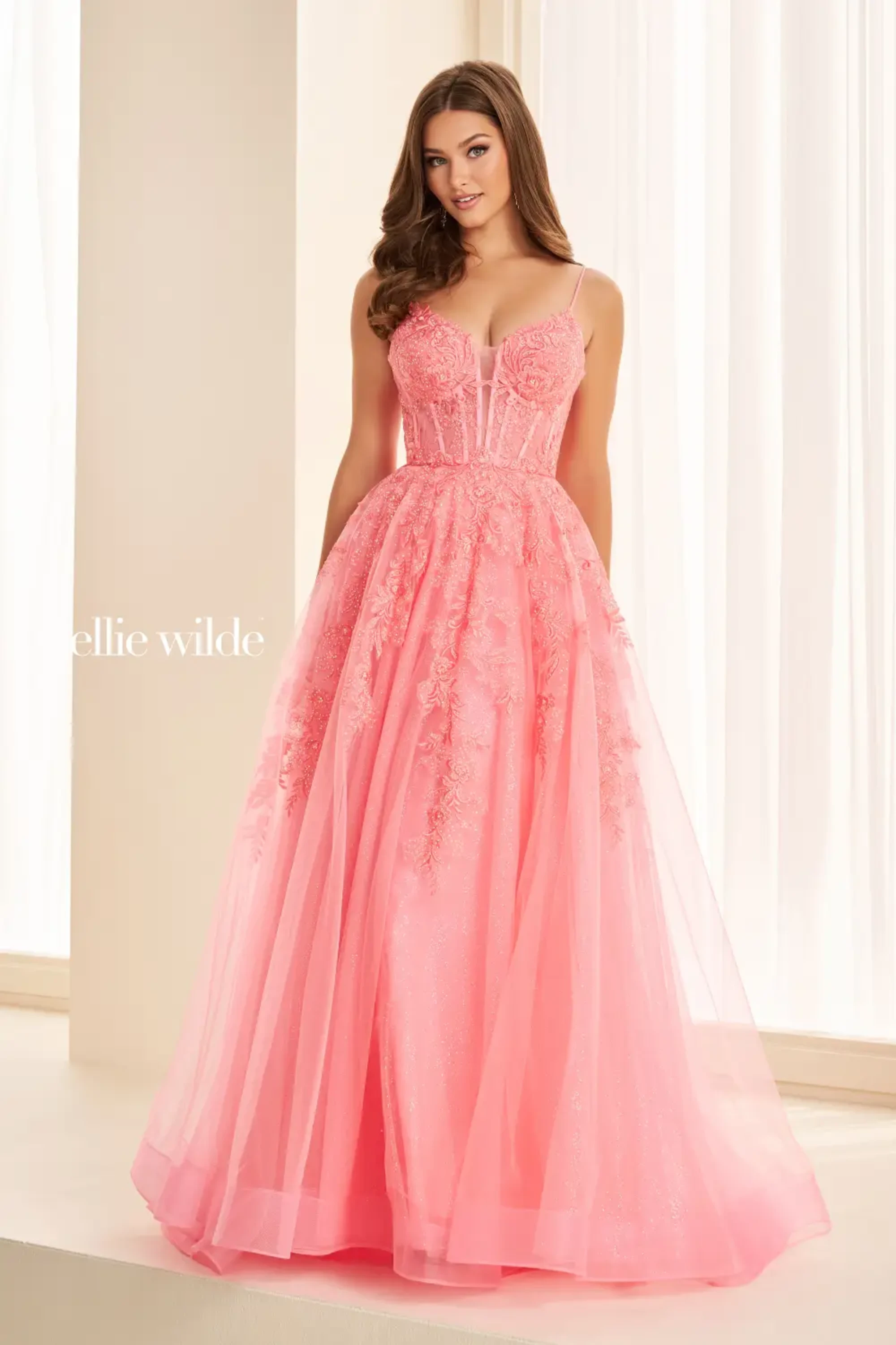 Full size EW34036 Sleeveless A-Line Dress with Embroidered Lace Appliques and Corset Back #4 Coral picture
