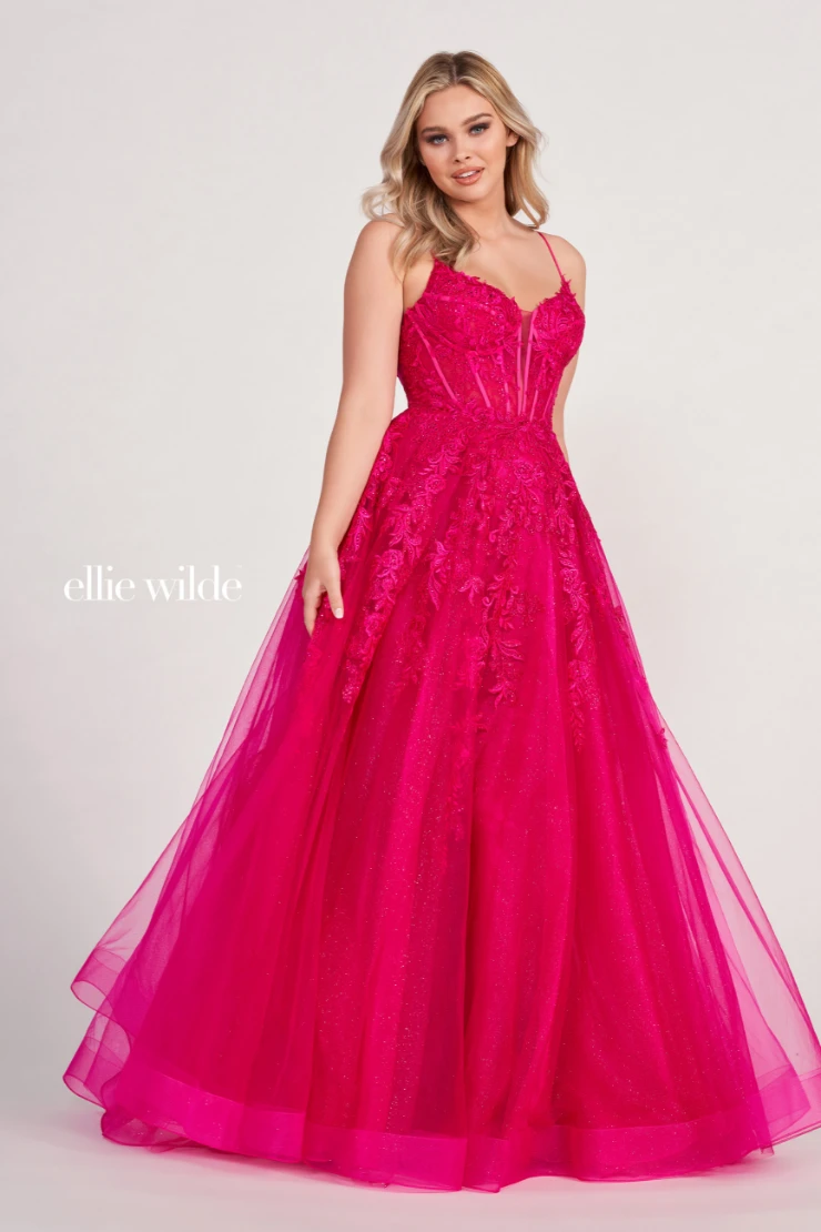 EW34036 Sleeveless A-Line Dress with Embroidered Lace Appliques and Corset Back #10 Magenta picture
