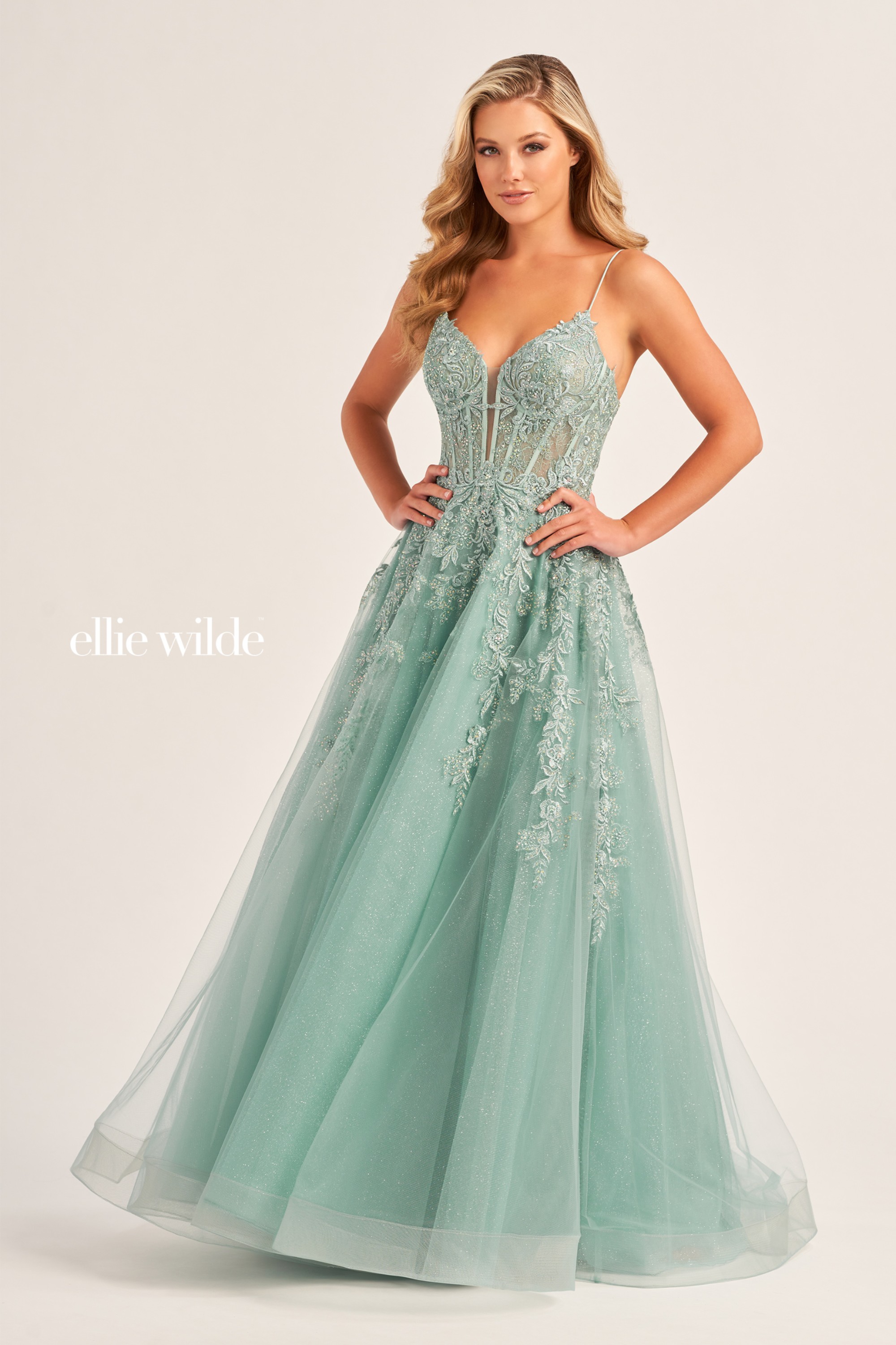 Full size EW34036 Sleeveless A-Line Dress with Embroidered Lace Appliques and Corset Back #12 Sage picture