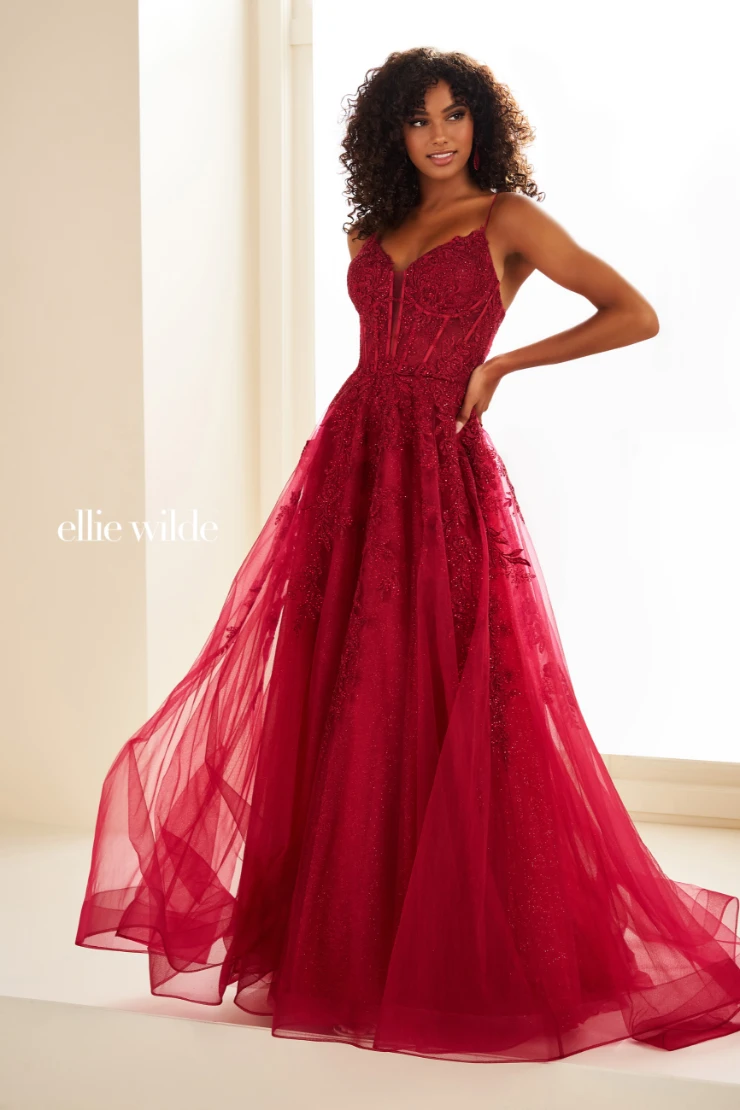 EW34036 Sleeveless A-Line Dress with Embroidered Lace Appliques and Corset Back #0 default Wine picture