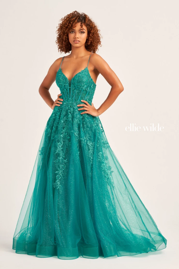 EW34036 Sleeveless A-Line Dress with Embroidered Lace Appliques and Corset Back #15 Teal picture