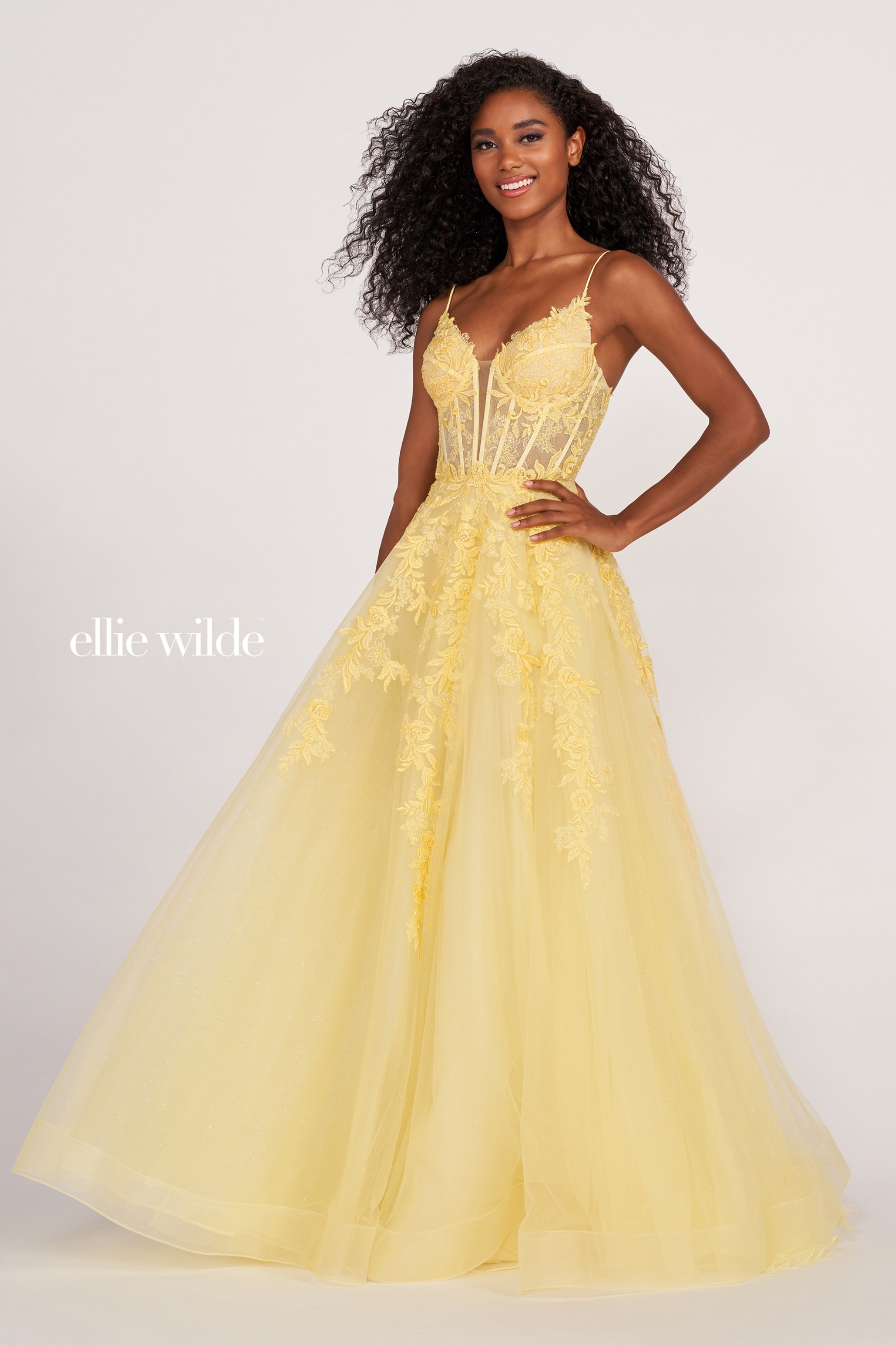 Full size EW34036 Sleeveless A-Line Dress with Embroidered Lace Appliques and Corset Back #15 Yellow picture