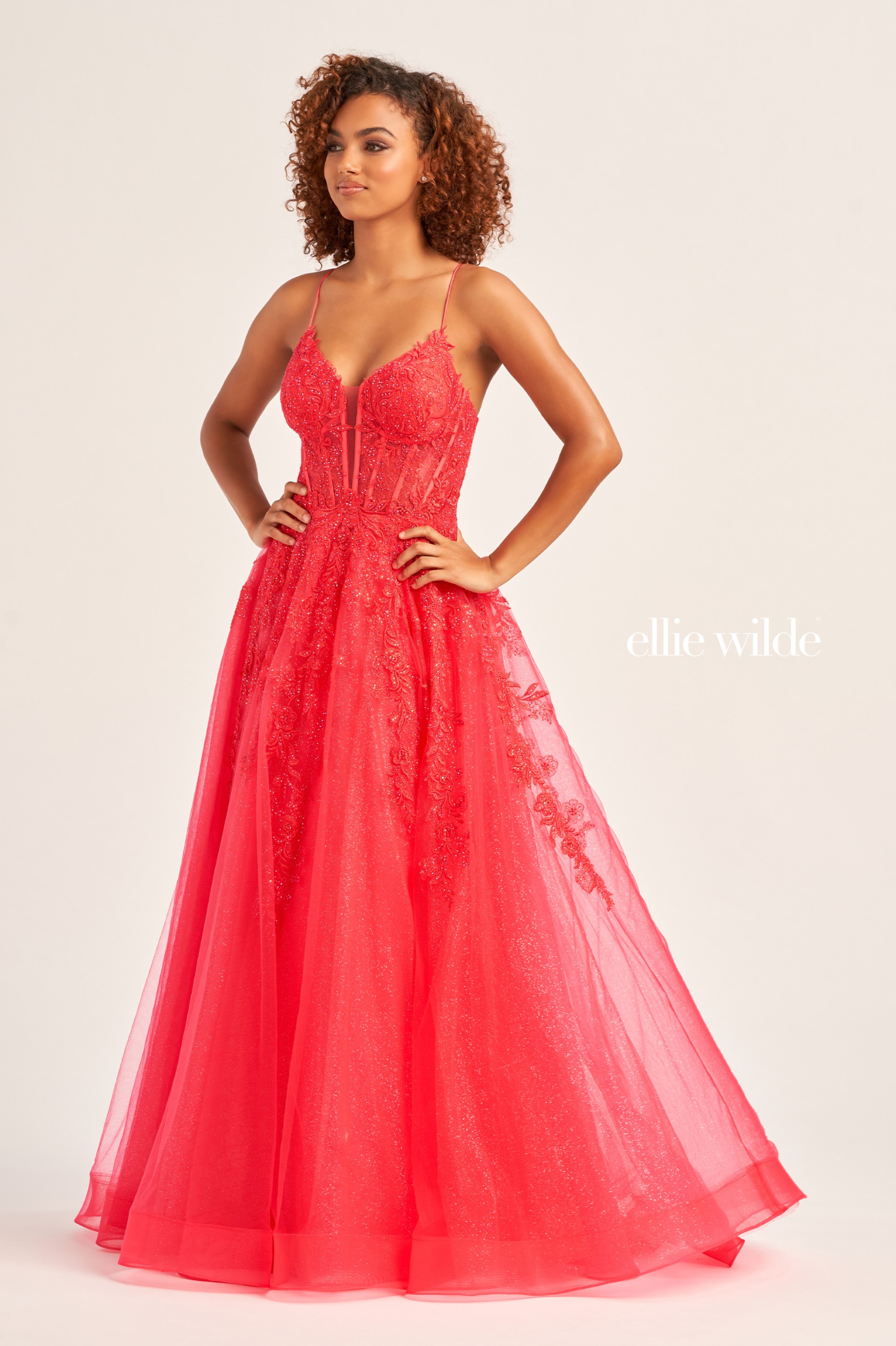 Full size EW34036 Sleeveless A-Line Dress with Embroidered Lace Appliques and Corset Back #13 Strawberry picture