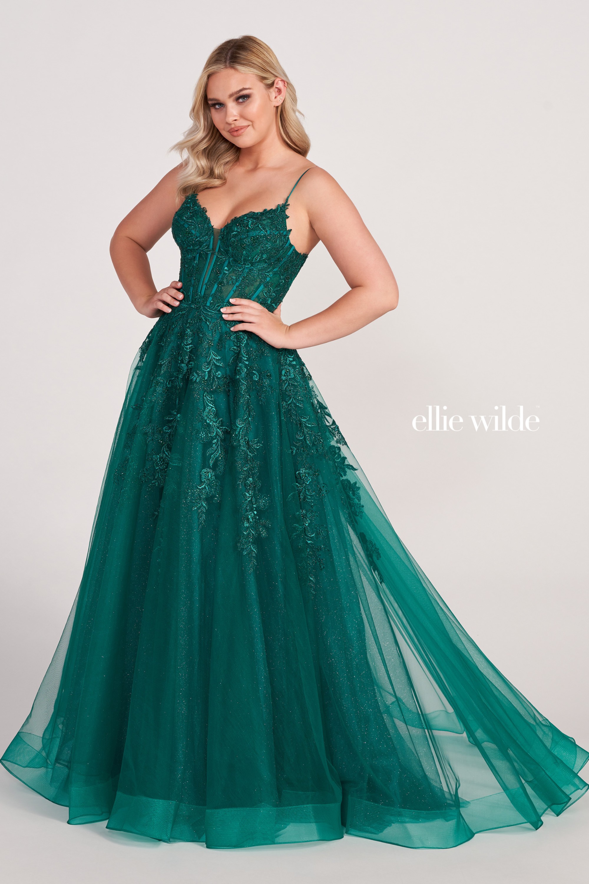 Full size EW34036 Sleeveless A-Line Dress with Embroidered Lace Appliques and Corset Back #8 Emerald picture