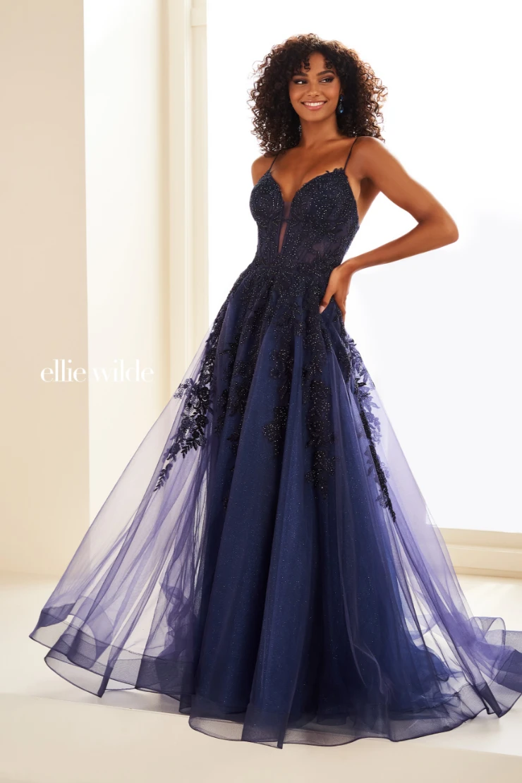 EW34036 Sleeveless A-Line Dress with Embroidered Lace Appliques and Corset Back #5 Navy Blue picture