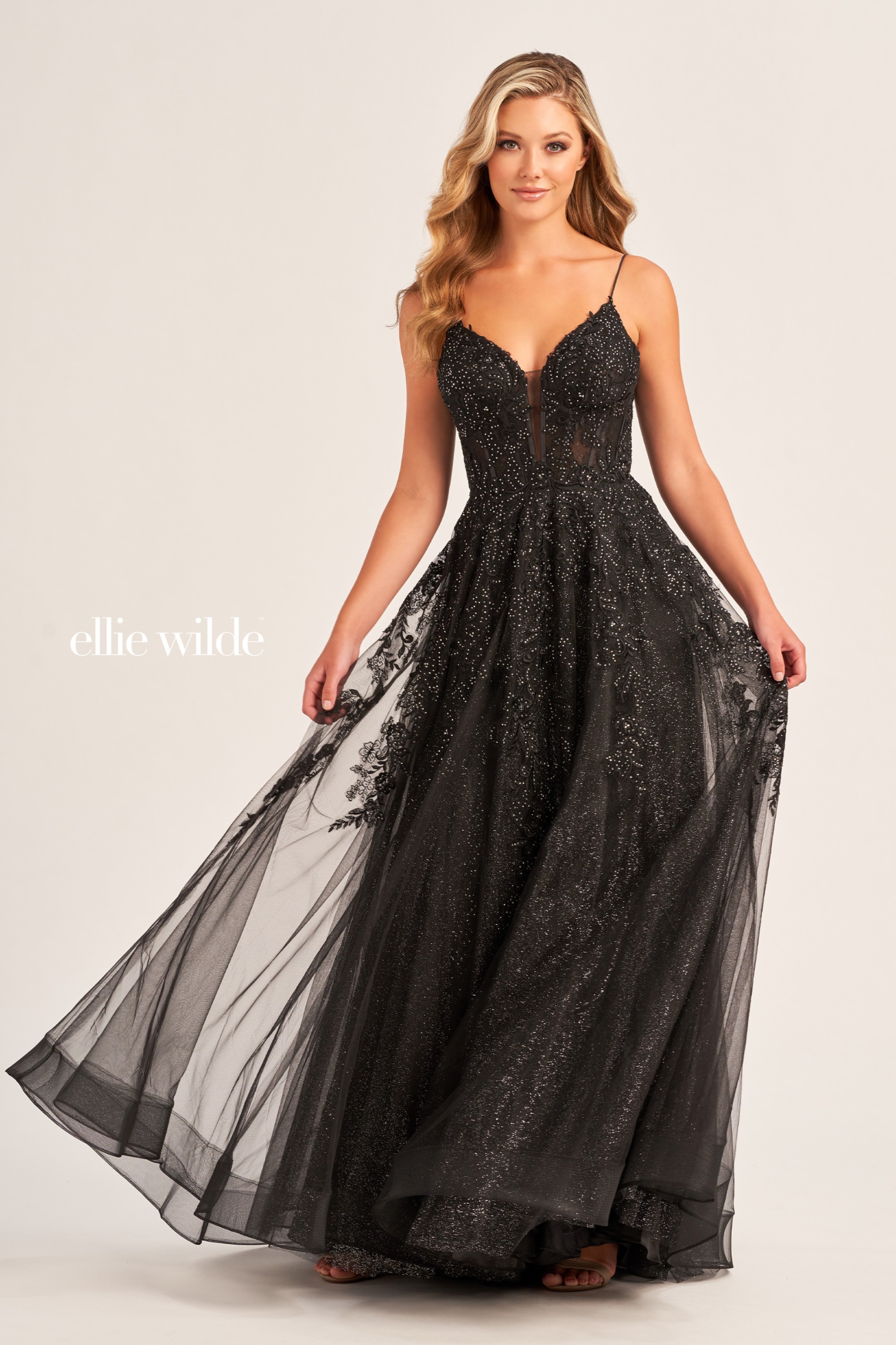 Full size EW34036 Sleeveless A-Line Dress with Embroidered Lace Appliques and Corset Back #7 Black picture