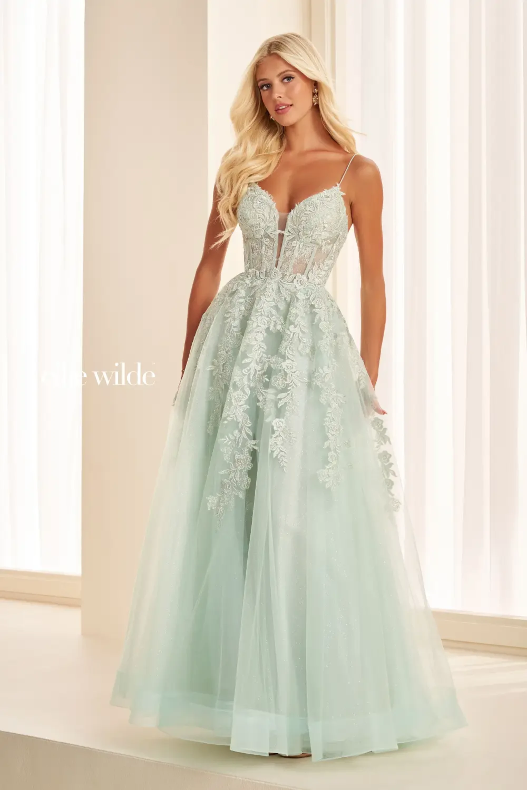 Full size EW34036 Sleeveless A-Line Dress with Embroidered Lace Appliques and Corset Back #3 Ice Mint picture