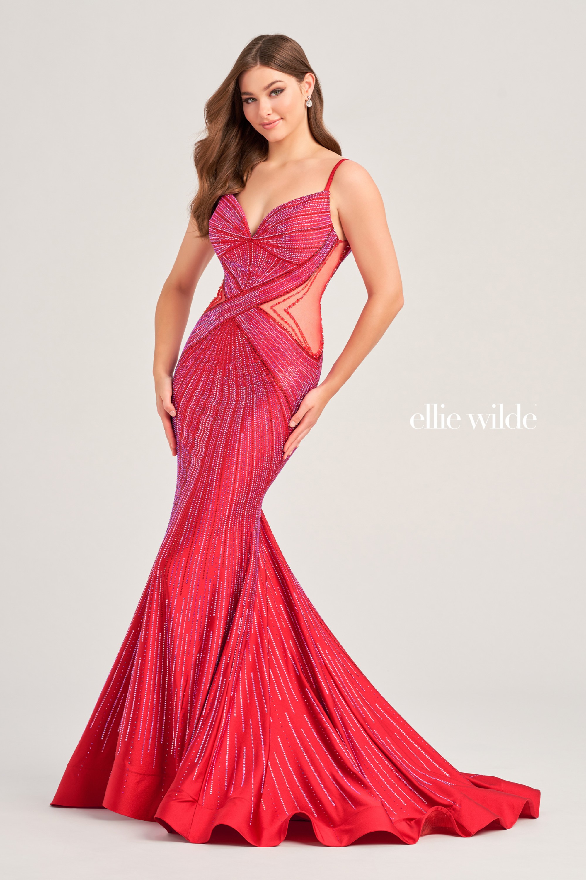 Full size EW35001 LOW BACK FIT AND FLARE PROM DRESS COVERED IN STONE ACCENTS #6 Ruby picture