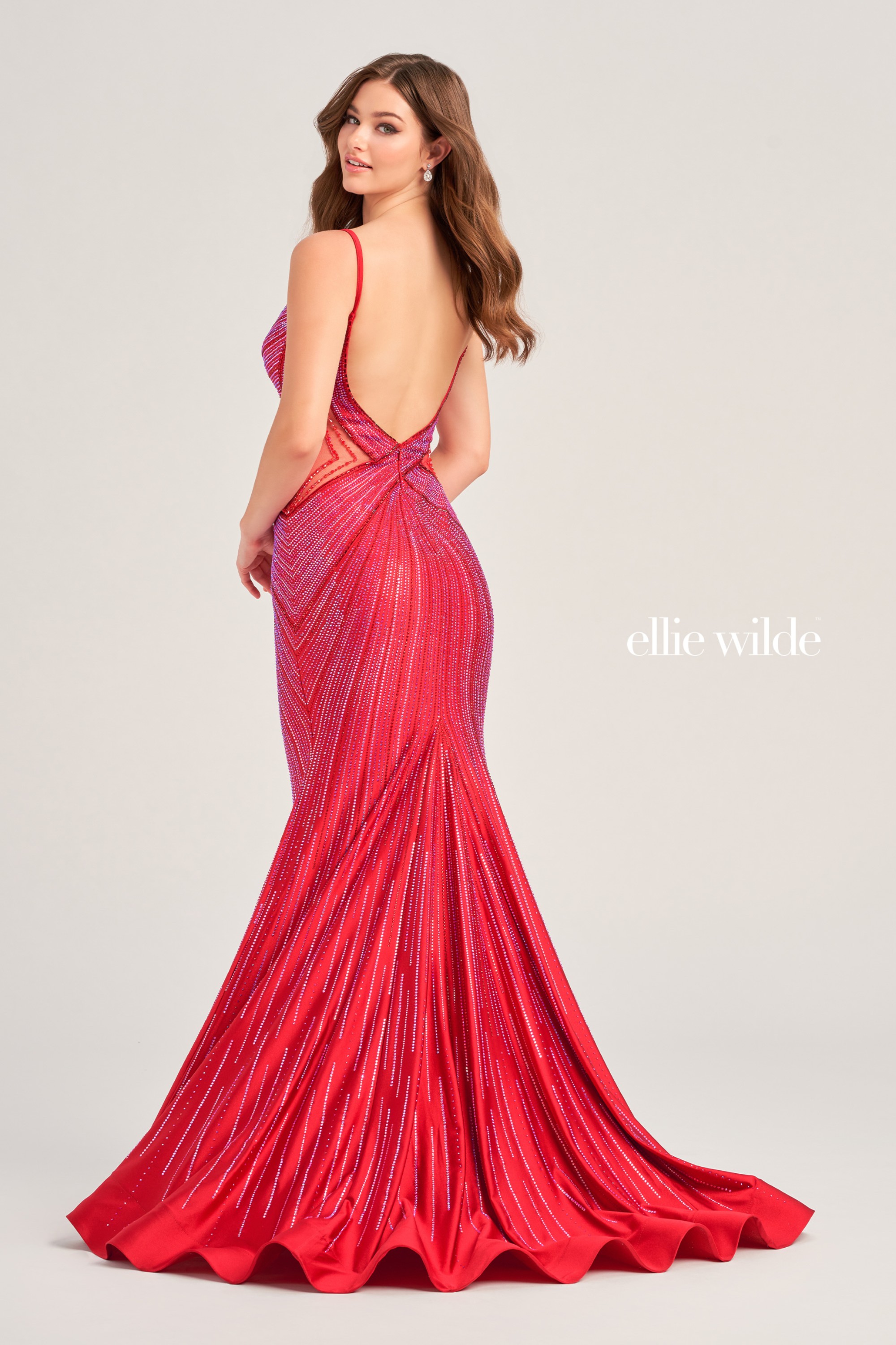 Full size EW35001 LOW BACK FIT AND FLARE PROM DRESS COVERED IN STONE ACCENTS #2 Ruby picture