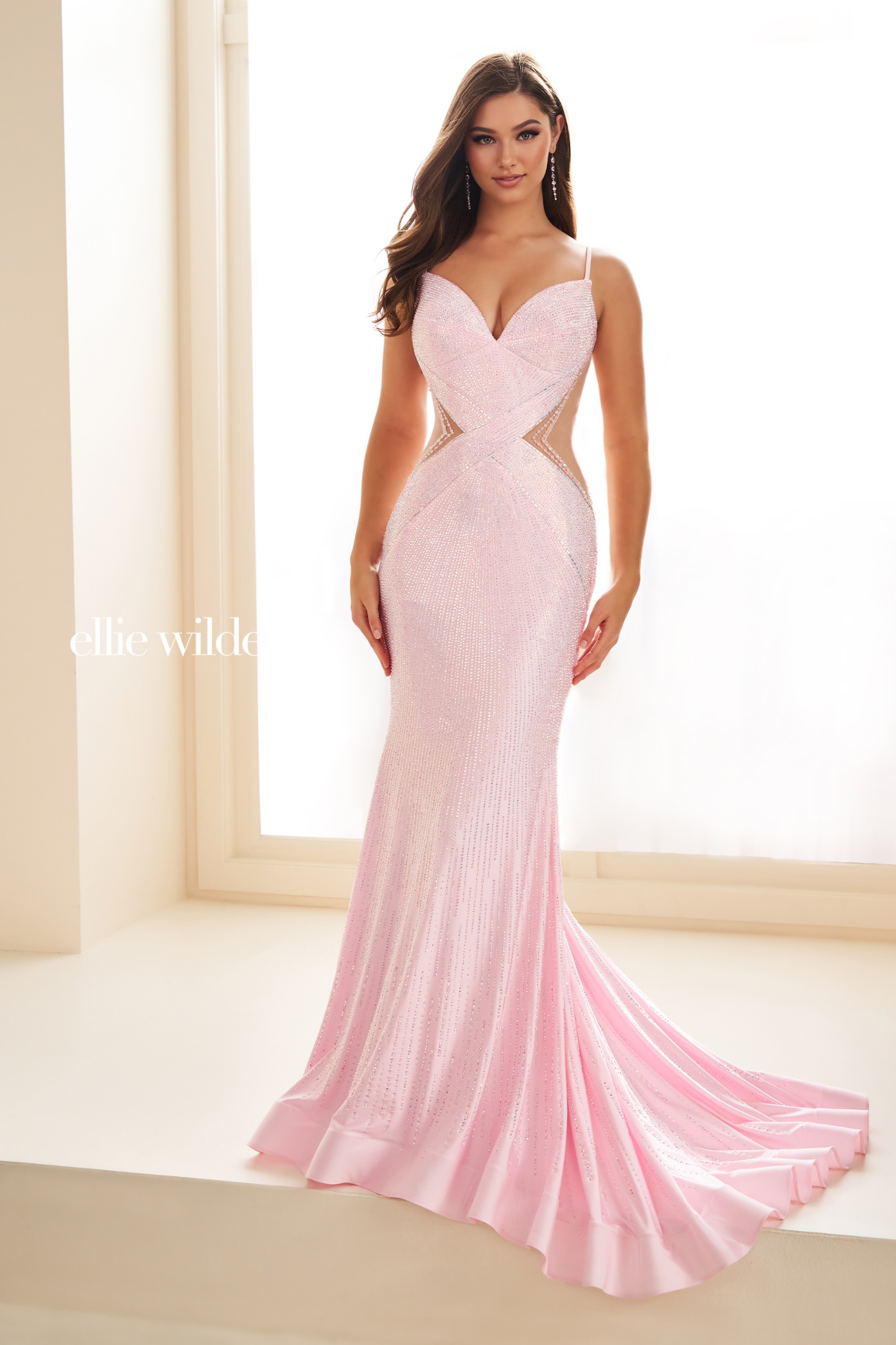 Full size EW35001 LOW BACK FIT AND FLARE PROM DRESS COVERED IN STONE ACCENTS #4 Sakura Pink picture