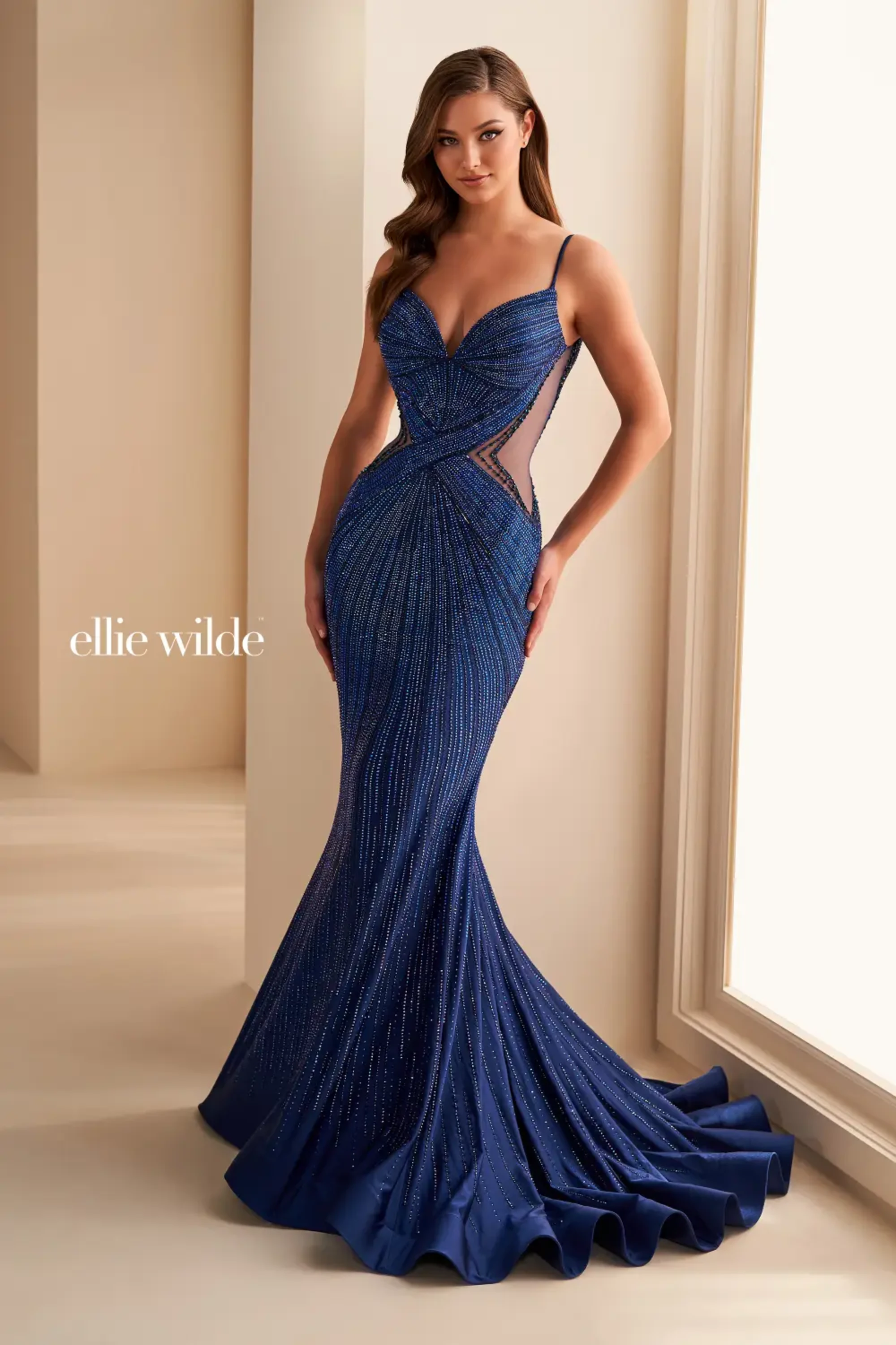 Full size EW35001 LOW BACK FIT AND FLARE PROM DRESS COVERED IN STONE ACCENTS #2 Navy Blue picture