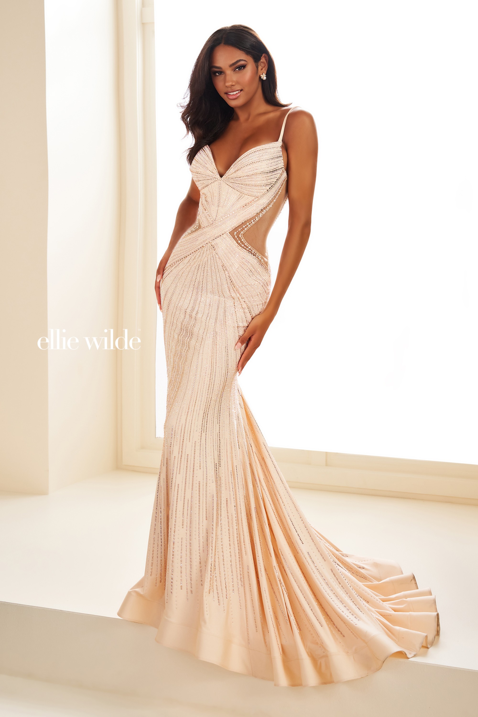 Full size EW35001 LOW BACK FIT AND FLARE PROM DRESS COVERED IN STONE ACCENTS #0 default Macadamia picture