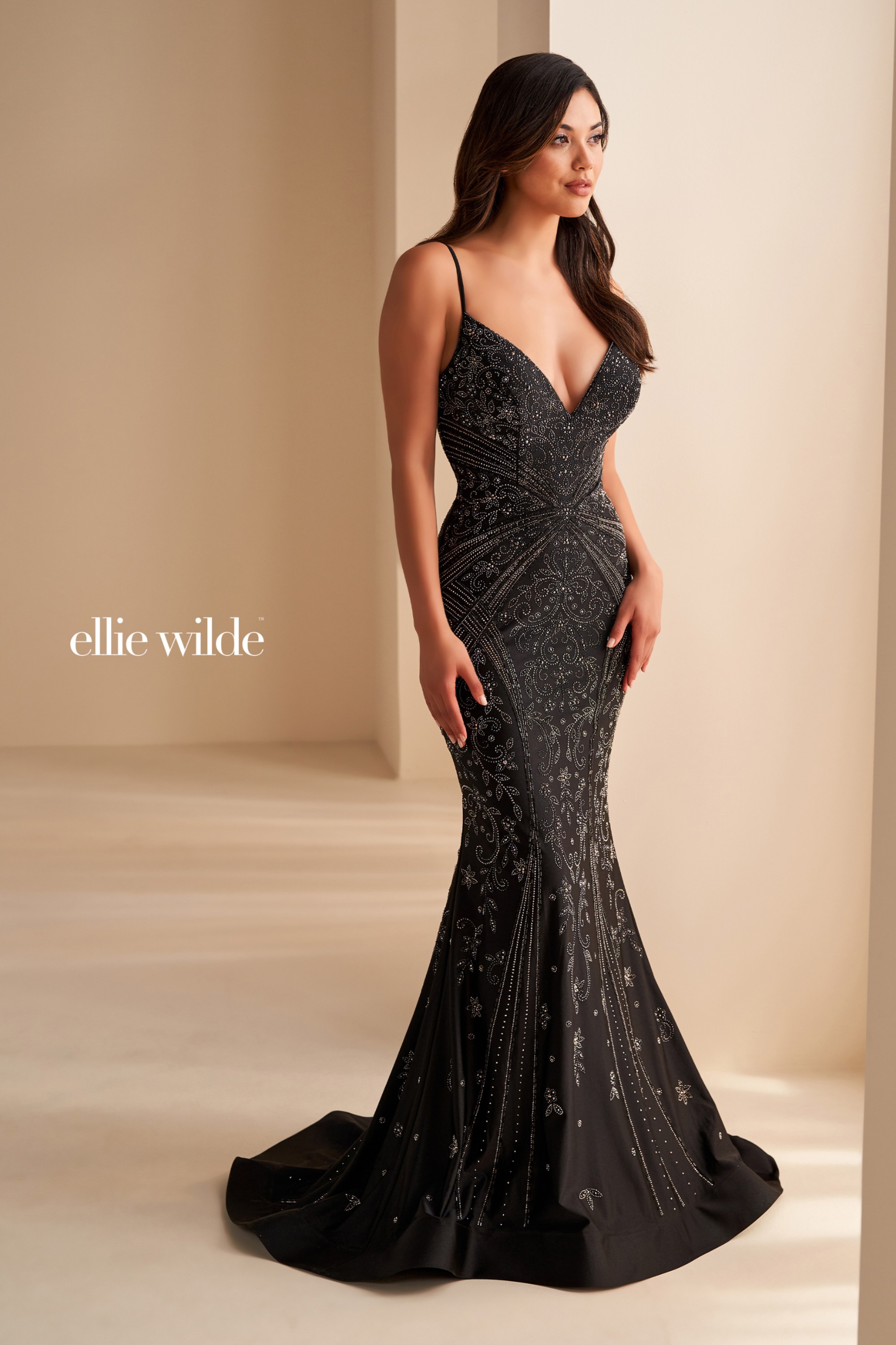 Full size EW35002 MERMAID PROM DRESS WITH STONE ACCENTS AND A LACE UP BACK #4 Black picture