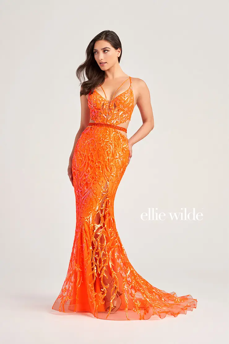 EW35007 SEQUIN TULLE PROM DRESS WITH AN OPEN BACK AND SIDE WAIST CUT OUTS #0 Orange picture