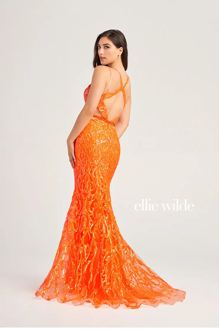 EW35007 SEQUIN TULLE PROM DRESS WITH AN OPEN BACK AND SIDE WAIST CUT OUTS #2 Orange picture