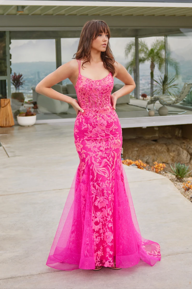 EW35008 scoop neckline prom dress with a lace up back and shimmering glitter sequin tulle #8 Magenta picture