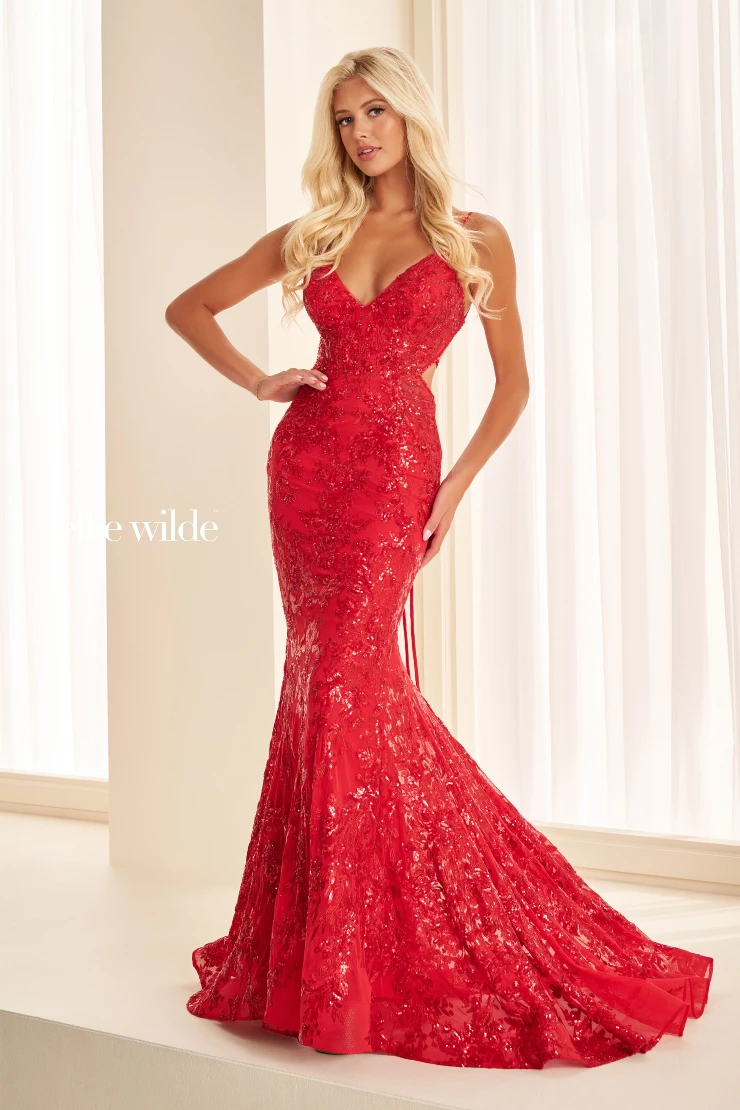 EW35011 sparkling sequin‑tulle mermaid prom dress with lace‑up back & side cut‑outs #7 Scarlet Red picture