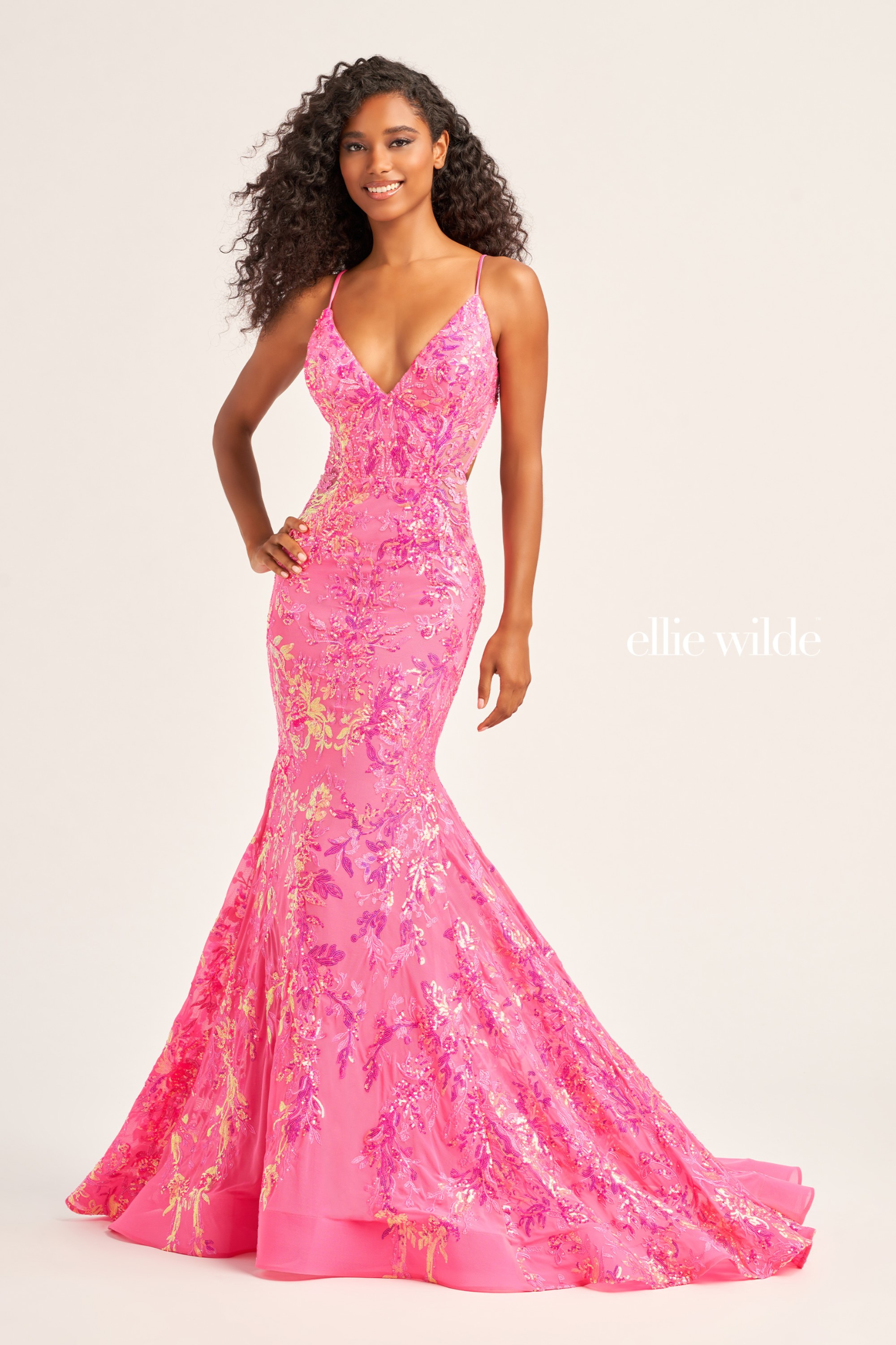 Full size EW35011 SEQUIN TULLE PROM DRESS WITH A LACE UP BACK #6 default Hot Pink picture
