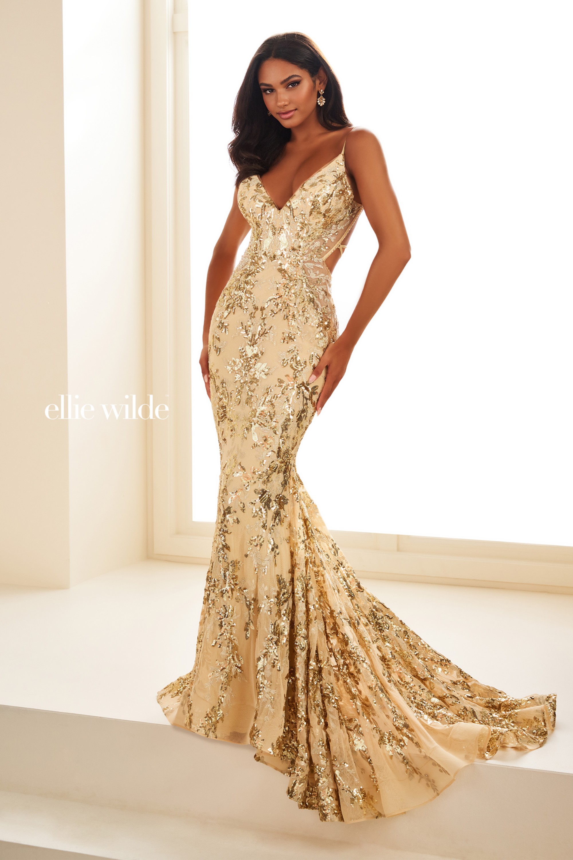 Full size EW35011 SEQUIN TULLE PROM DRESS WITH A LACE UP BACK #3 Gold picture