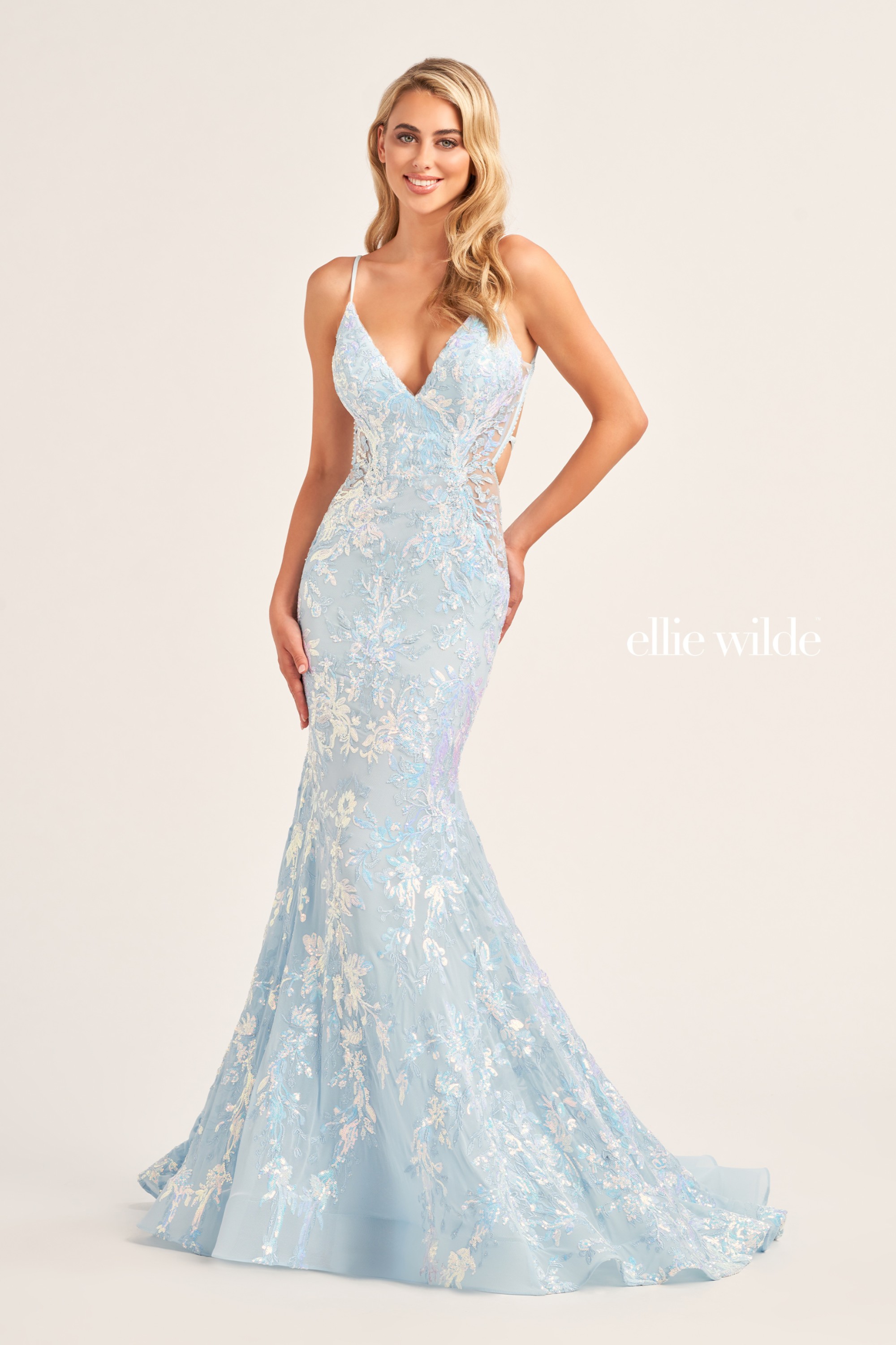 Full size EW35011 SEQUIN TULLE PROM DRESS WITH A LACE UP BACK #10 Light Blue picture