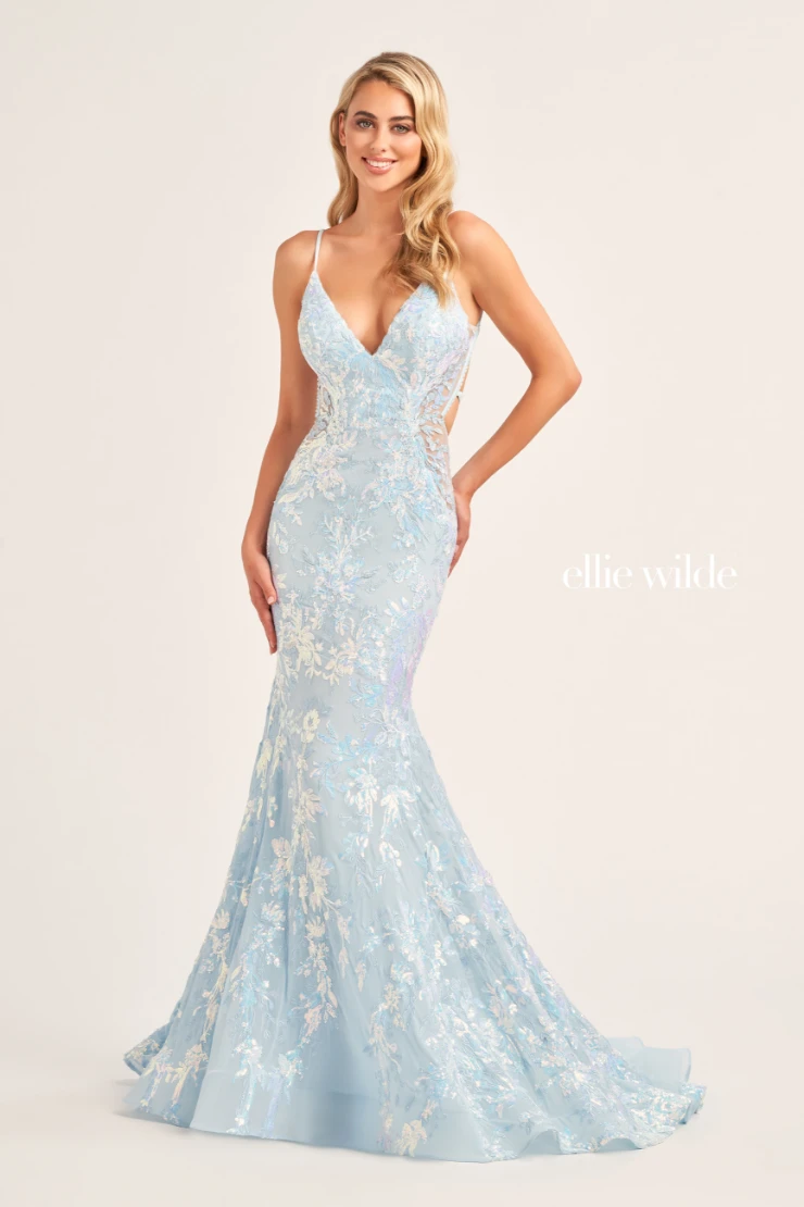 EW35011 sparkling sequin‑tulle mermaid prom dress with lace‑up back & side cut‑outs #10 Light Blue picture