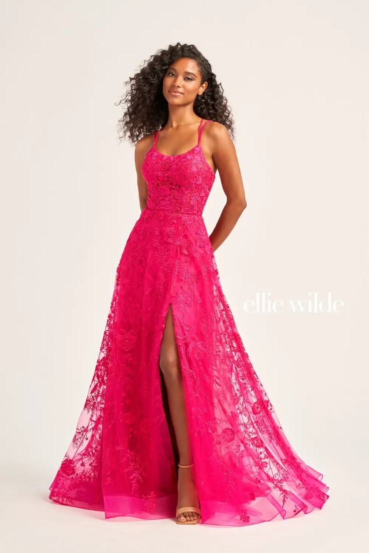 EW35012 a-line scoop neck dress with beading, embroidered tulle, lace and a high slit #3 Magenta picture
