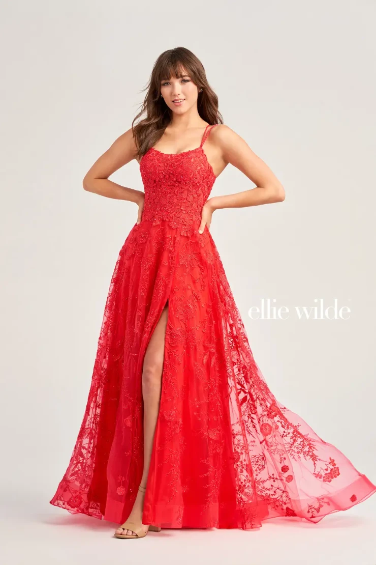 EW35012 a-line scoop neck dress with beading, embroidered tulle, lace and a high slit #5 Strawberry picture