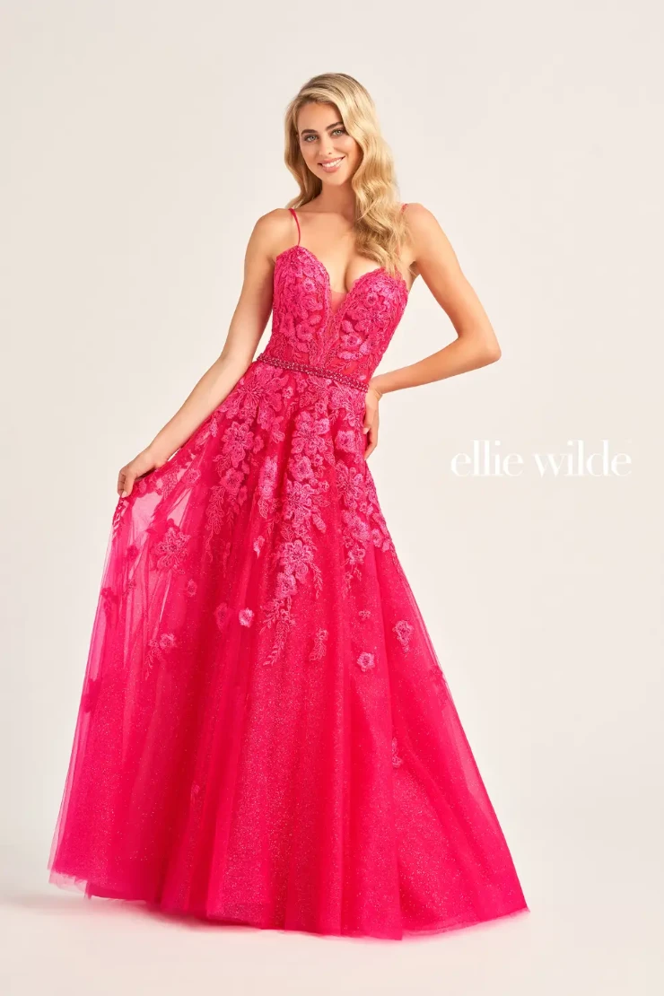 EW35016 a-line prom dress with glitter tulle, lace appliqués and stone accents #6 Magenta picture