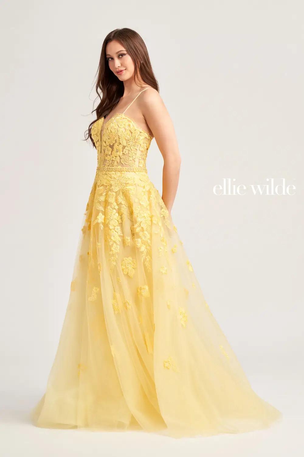 Zesty yellow ruffled ballgown wedding/prom dress with tiered skirt or  feathers - various styles
