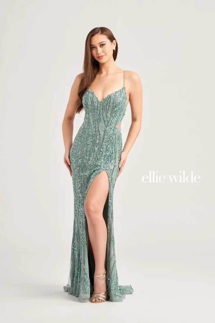 EW35023 BEADED FIT AND FLARE DRESS WITH A PLUNGING NECKLINE AND LACE UP BACK #3 Sage picture