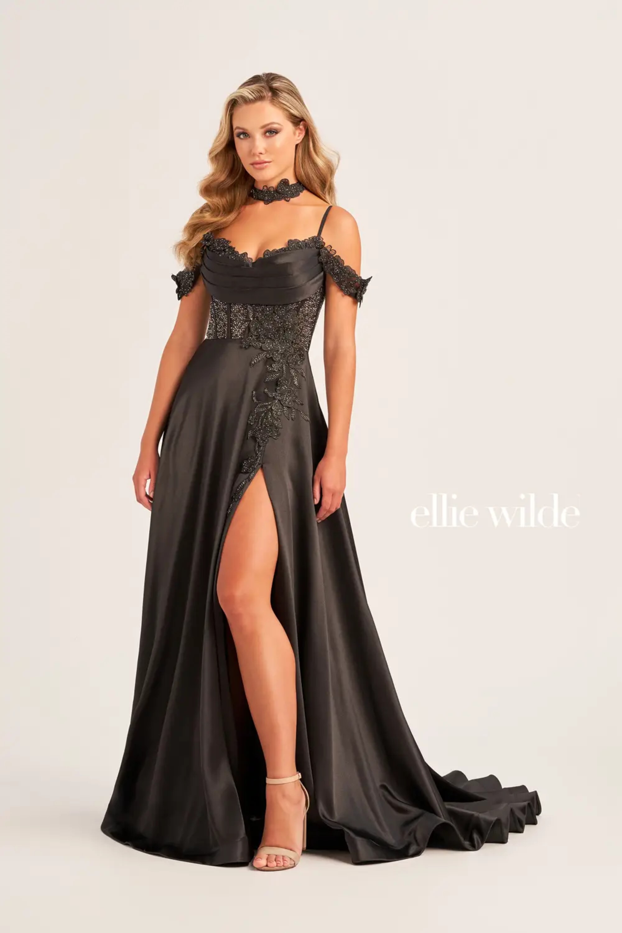 Full size EW35029 OFF-THE-SHOULDER A-LINE DRESS WITH STONE ACCENT BODICE, THREE-DIMENSIONAL LACE DETAILING AND A MATCHING CHOKER #3 Black picture