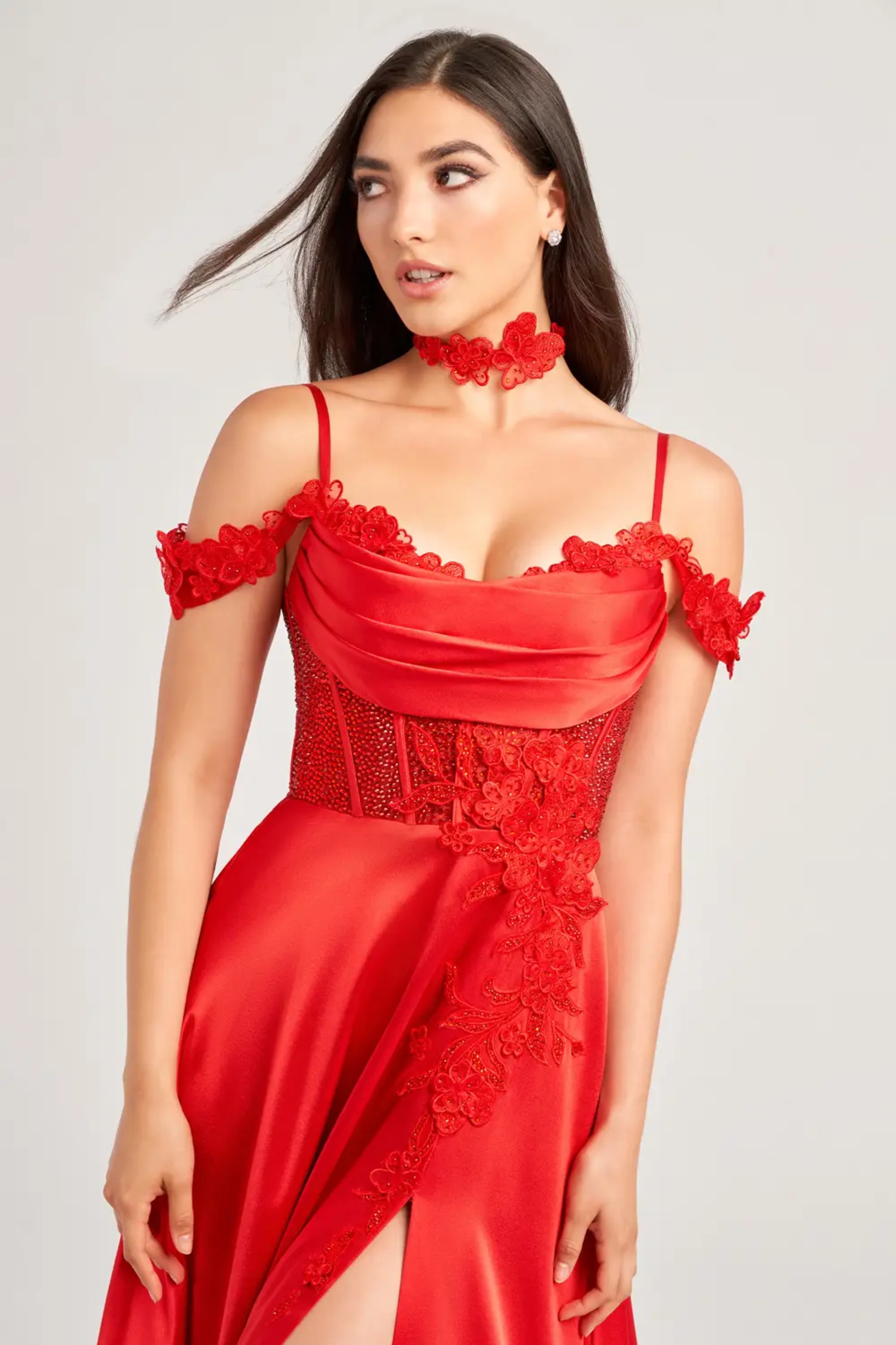 Full size EW35029 OFF-THE-SHOULDER A-LINE DRESS WITH STONE ACCENT BODICE, THREE-DIMENSIONAL LACE DETAILING AND A MATCHING CHOKER #4 Red picture