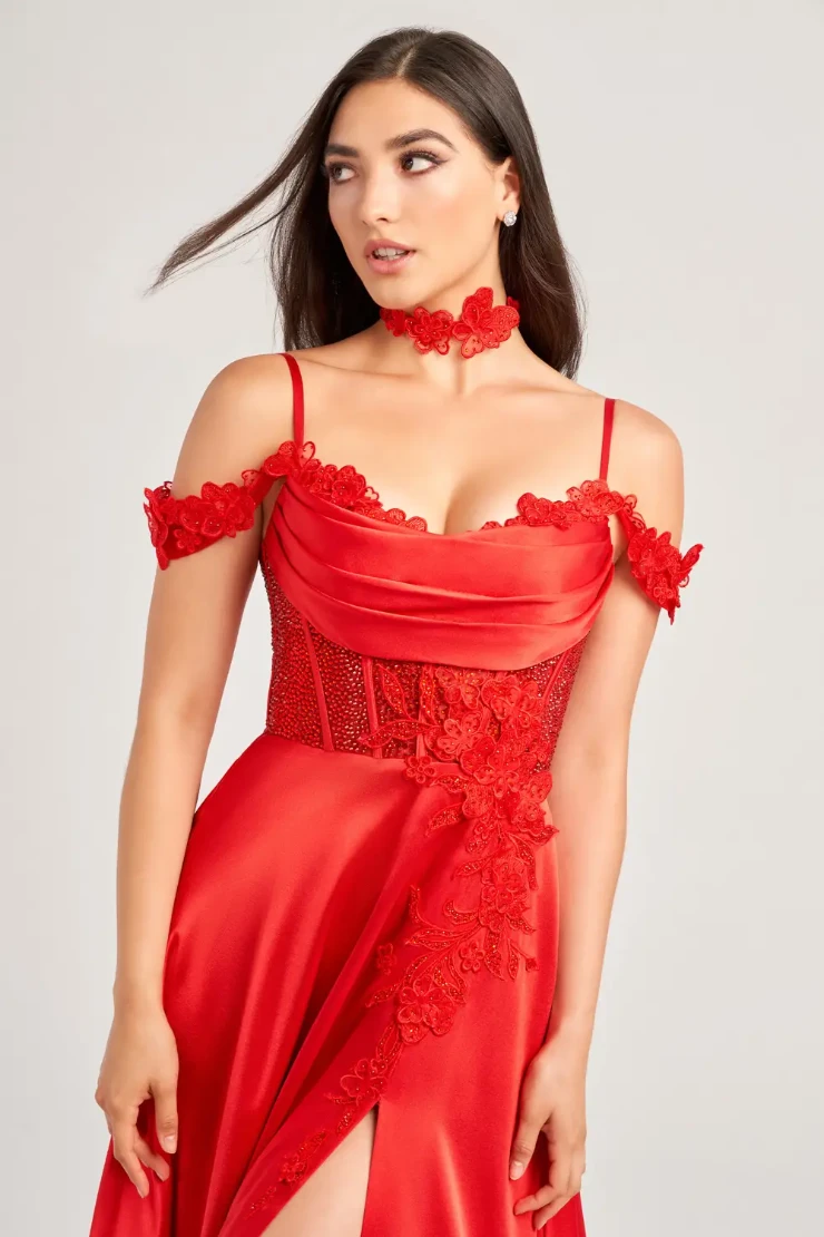EW35029 OFF-THE-SHOULDER A-LINE DRESS WITH STONE ACCENT BODICE, THREE-DIMENSIONAL LACE DETAILING AND A MATCHING CHOKER #4 Red picture