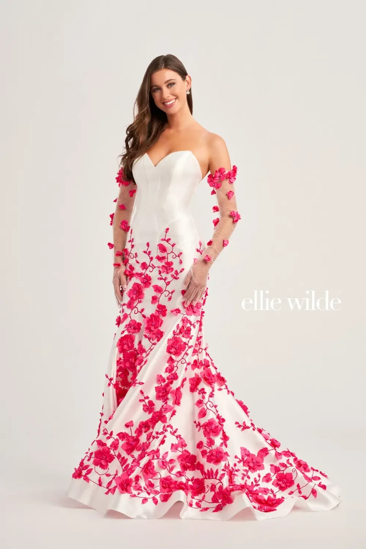 EW35036 STRAPLESS MERMAID GOWN ACCENTED WITH THREE-DIMENSIONAL FLOWERS AND MATCHING TULLE GLOVES #3 White/Hot Pink picture