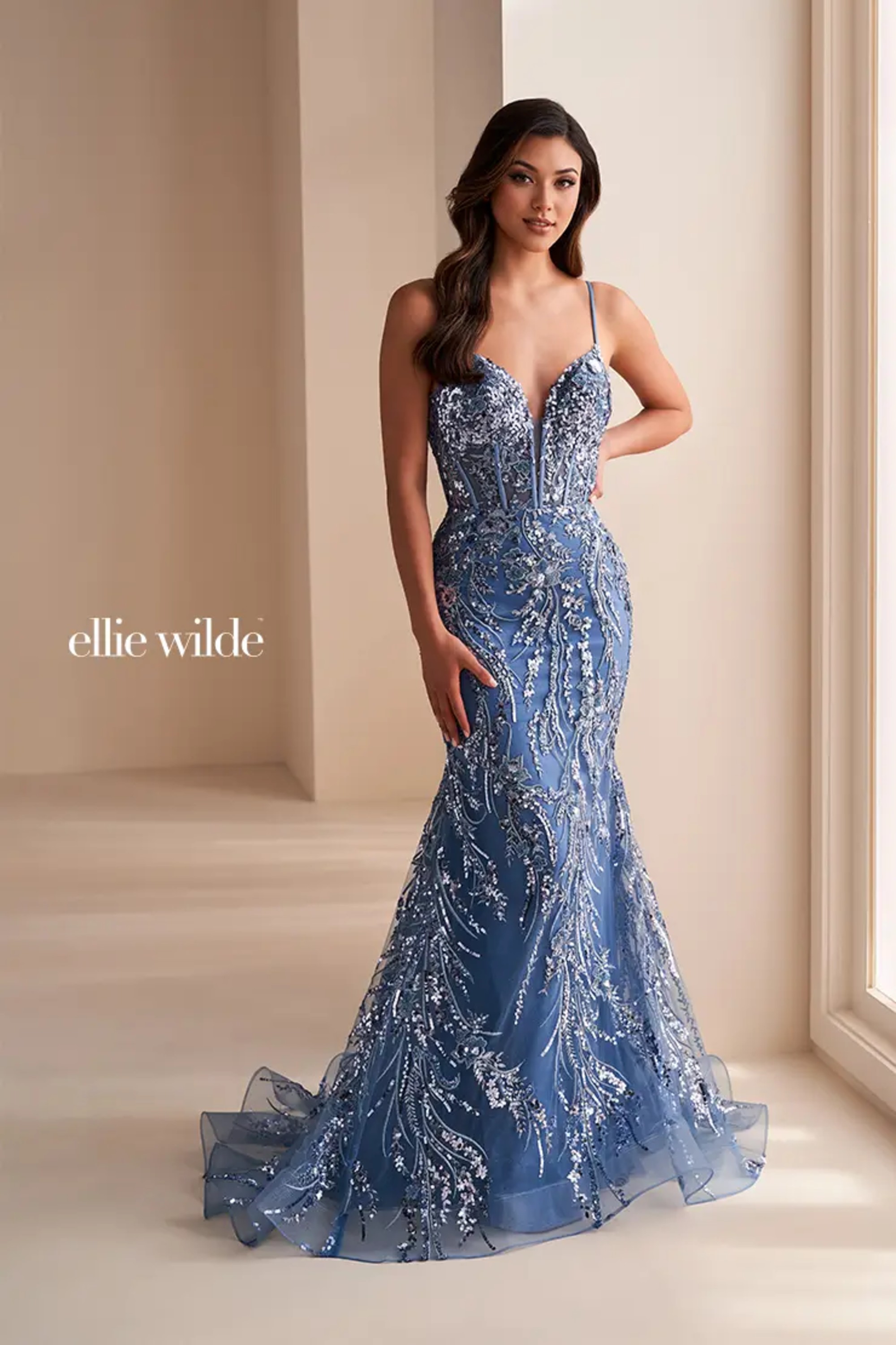 Full size EW35039 SHIMMERING GLITTER TULLE WITH PLUNGING SWEETHEART NECKLINE #5 Steel Blue picture