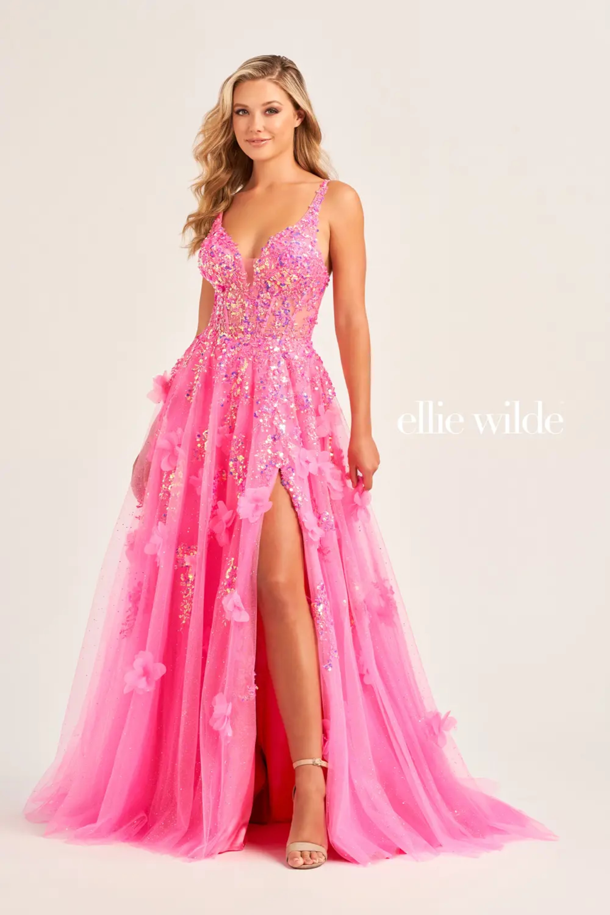 Full size EW35047 A-LINE PROM DRESS WITH THREE-DIMENSIONAL FLOWER DETAILING AND POCKETS #3 Hot Pink picture