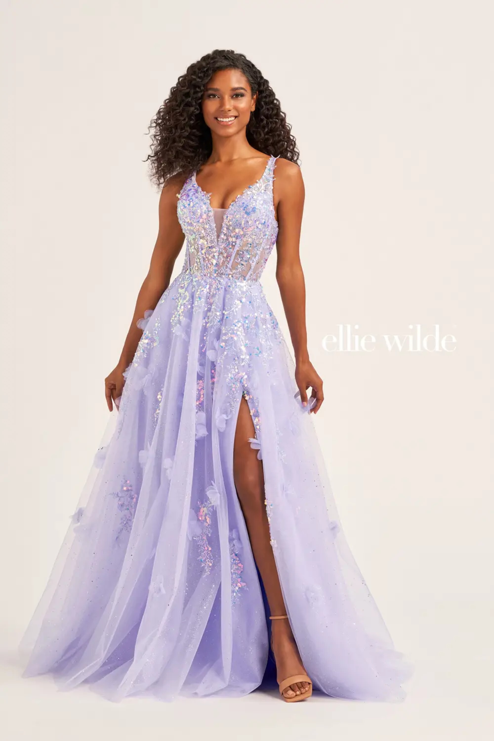 Full size EW35047 A-LINE PROM DRESS WITH THREE-DIMENSIONAL FLOWER DETAILING AND POCKETS #4 Periwinkle picture