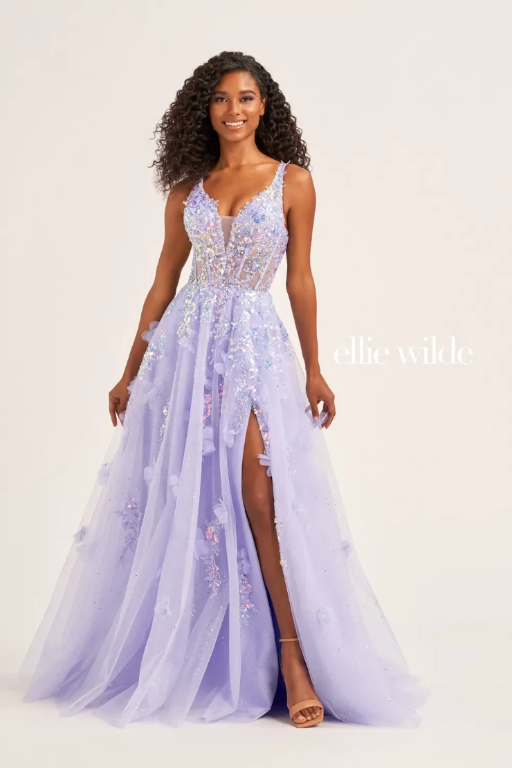 EW35047 A-LINE PROM DRESS WITH THREE-DIMENSIONAL FLOWER DETAILING AND POCKETS #4 Periwinkle picture