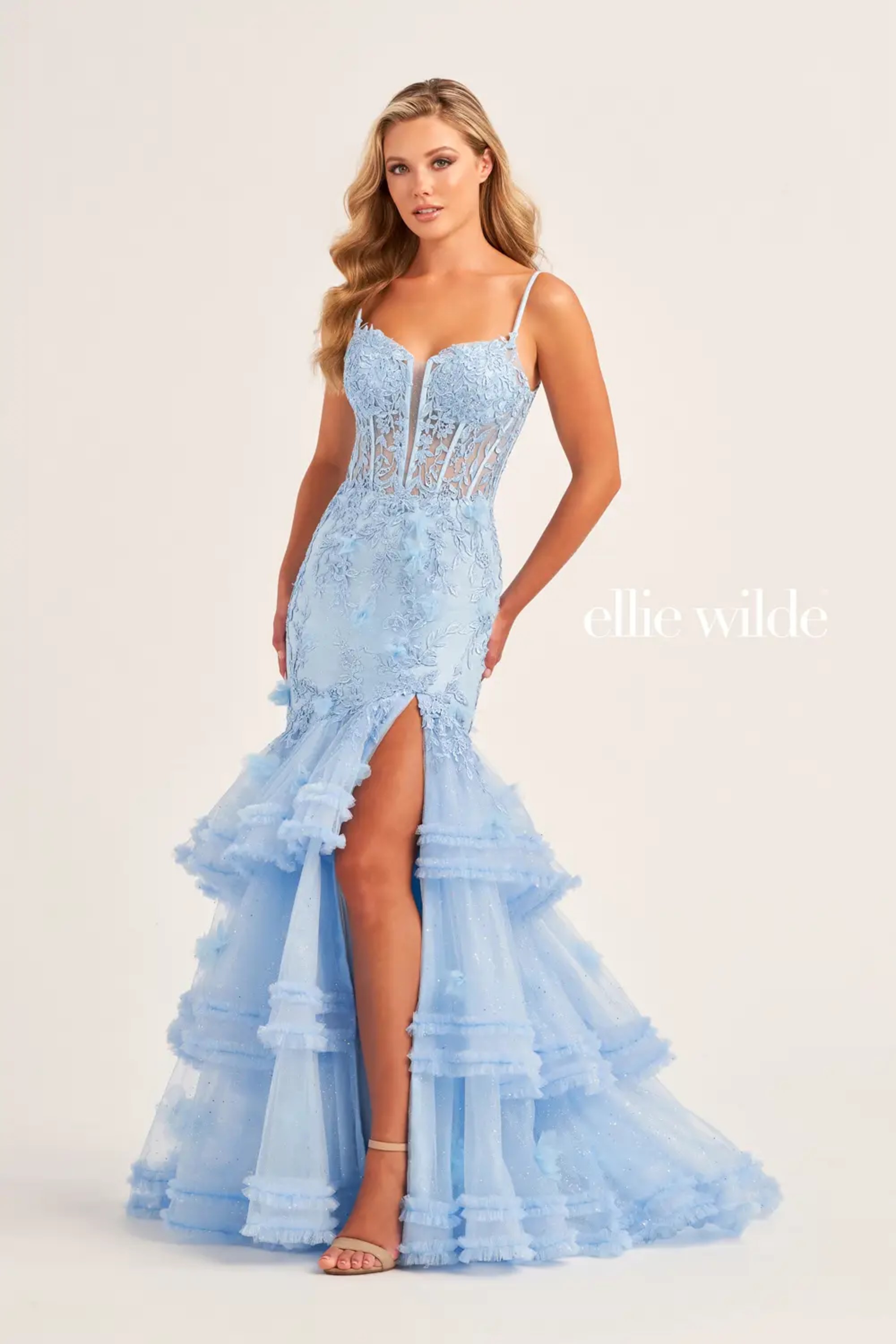 Full size EW35050 GLITTER TULLE MERMAID GOWN WITH A HIGH SLIT AND VENISE LACE #3 Light Blue picture
