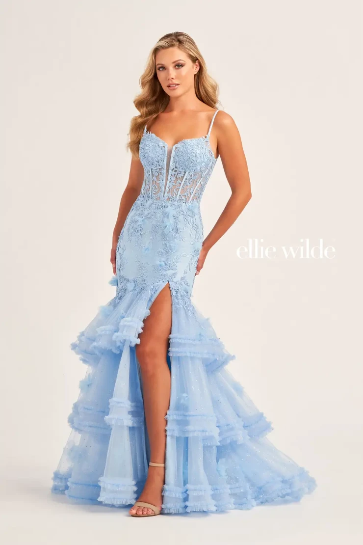 EW35050 GLITTER TULLE MERMAID GOWN WITH A HIGH SLIT AND VENISE LACE #3 Light Blue picture