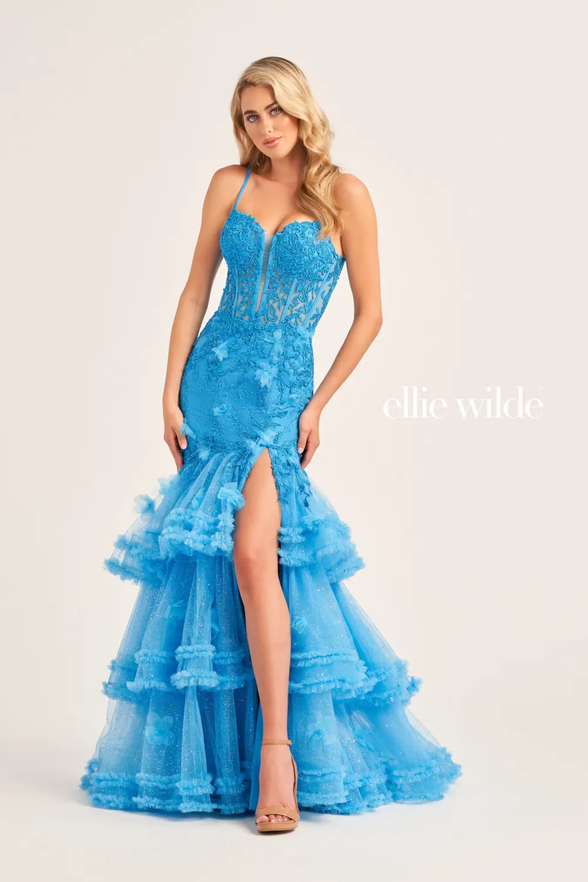 Full size EW35050 GLITTER TULLE MERMAID GOWN WITH A HIGH SLIT AND VENISE LACE #2 Ocean Blue picture