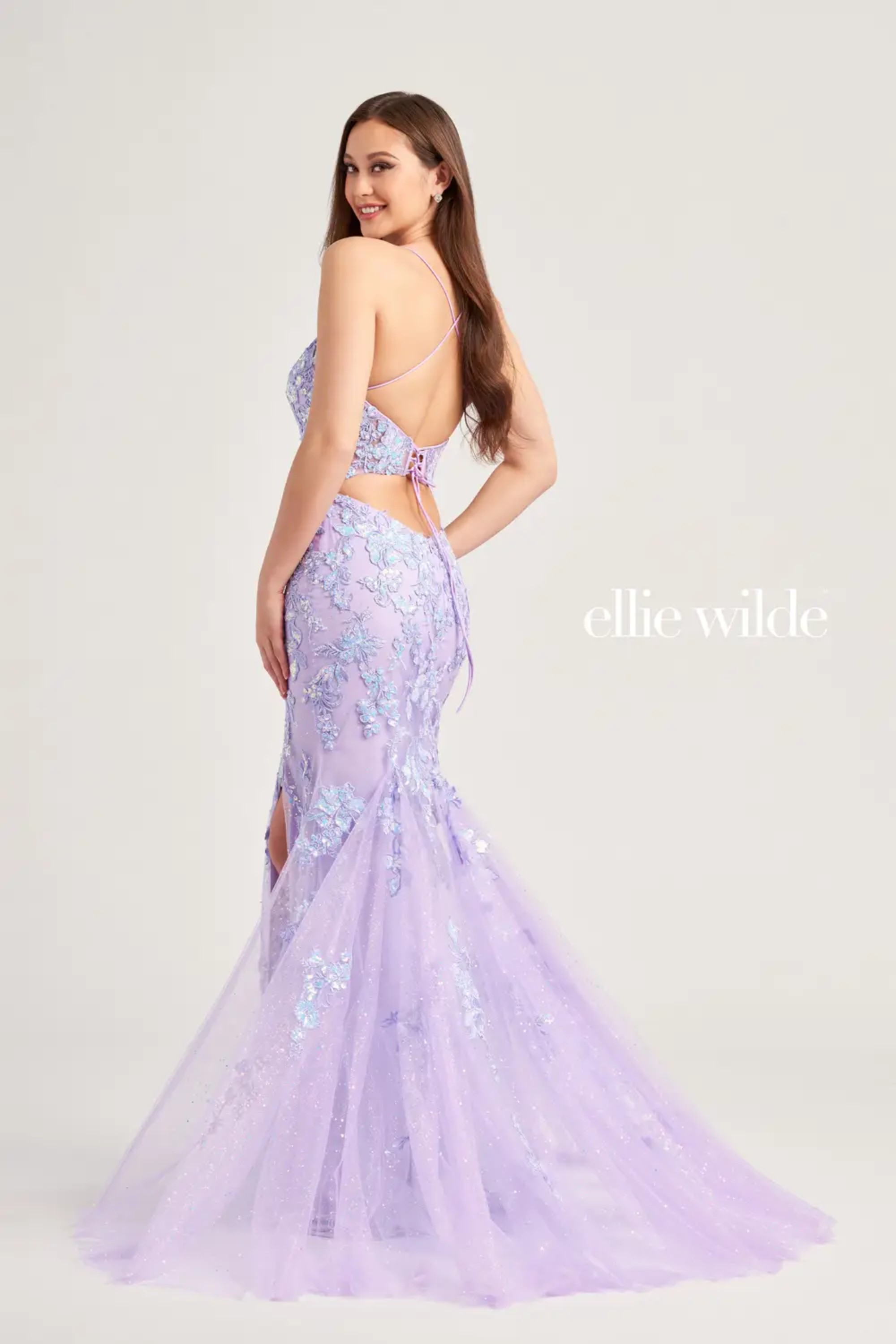 Full size EW35057 PROM DRESS COVERED IN GLITTER TULLE AND LACE APPLIQUES WITH A CORSET BODICE AND LACE UP BACK #2 default Lilac picture