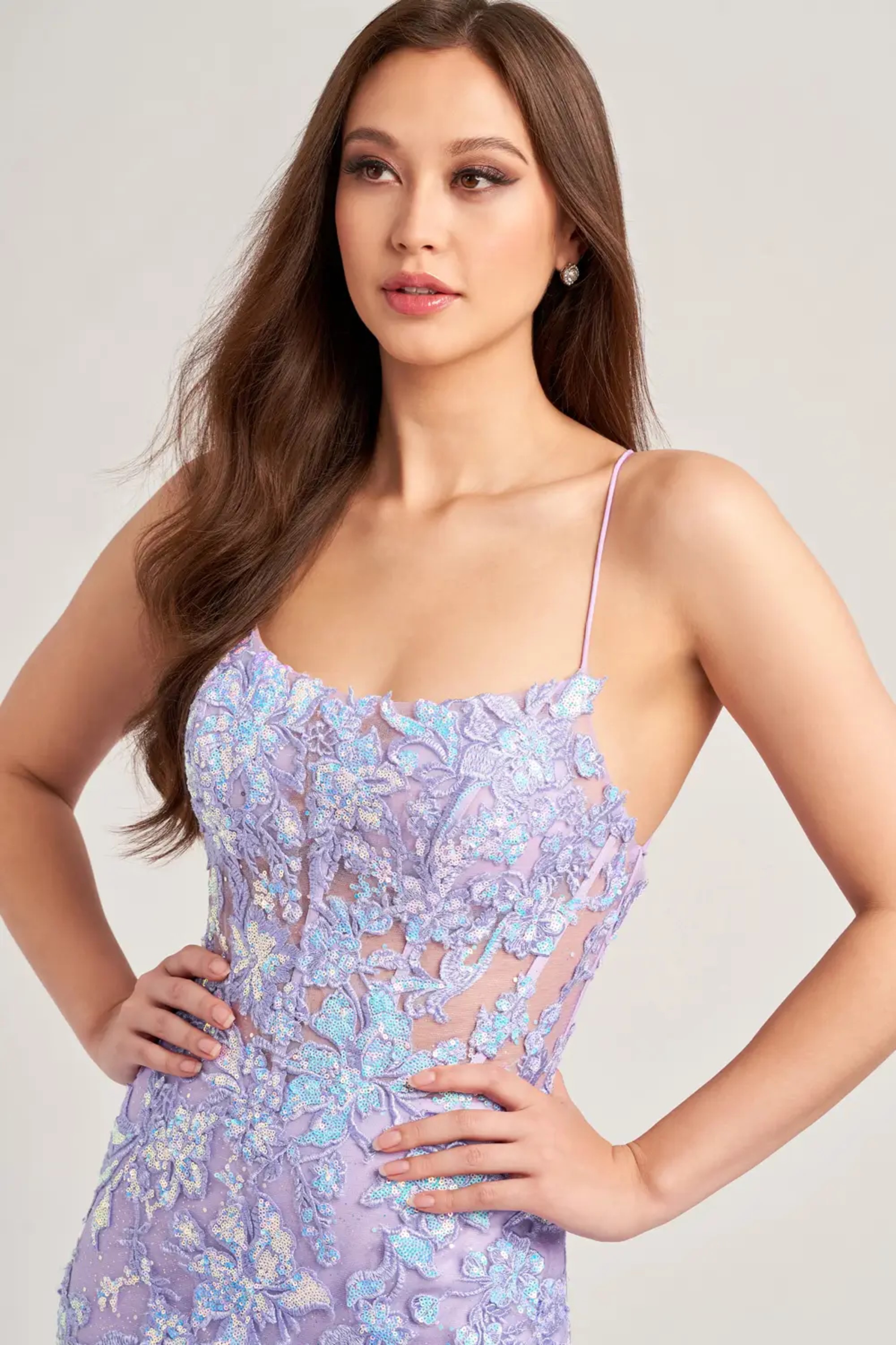 Full size EW35057 PROM DRESS COVERED IN GLITTER TULLE AND LACE APPLIQUES WITH A CORSET BODICE AND LACE UP BACK #4 Lilac picture
